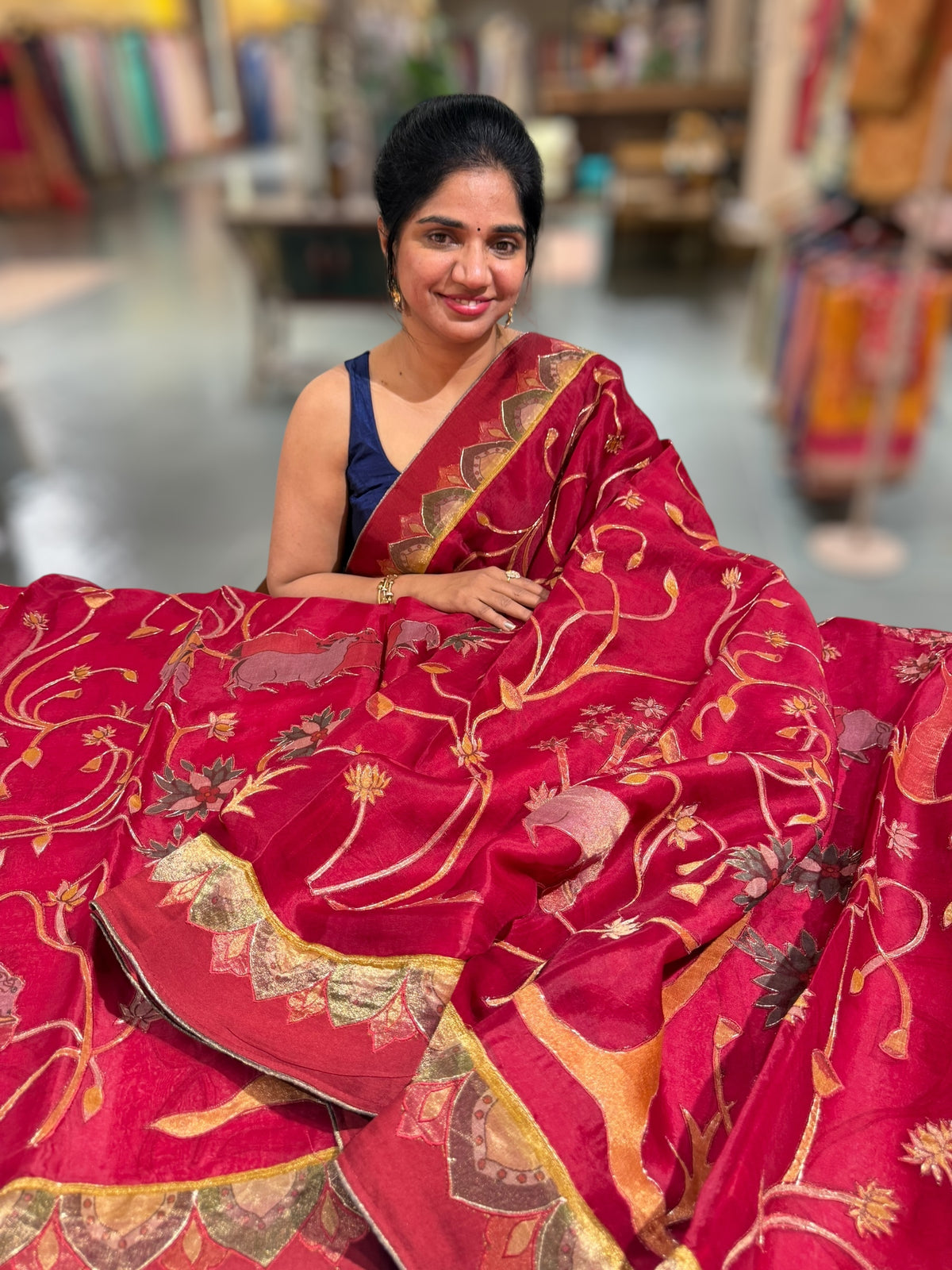 Dark Red Designer Organza Saree with Stunning Tissue Applique work Saree with Village theme