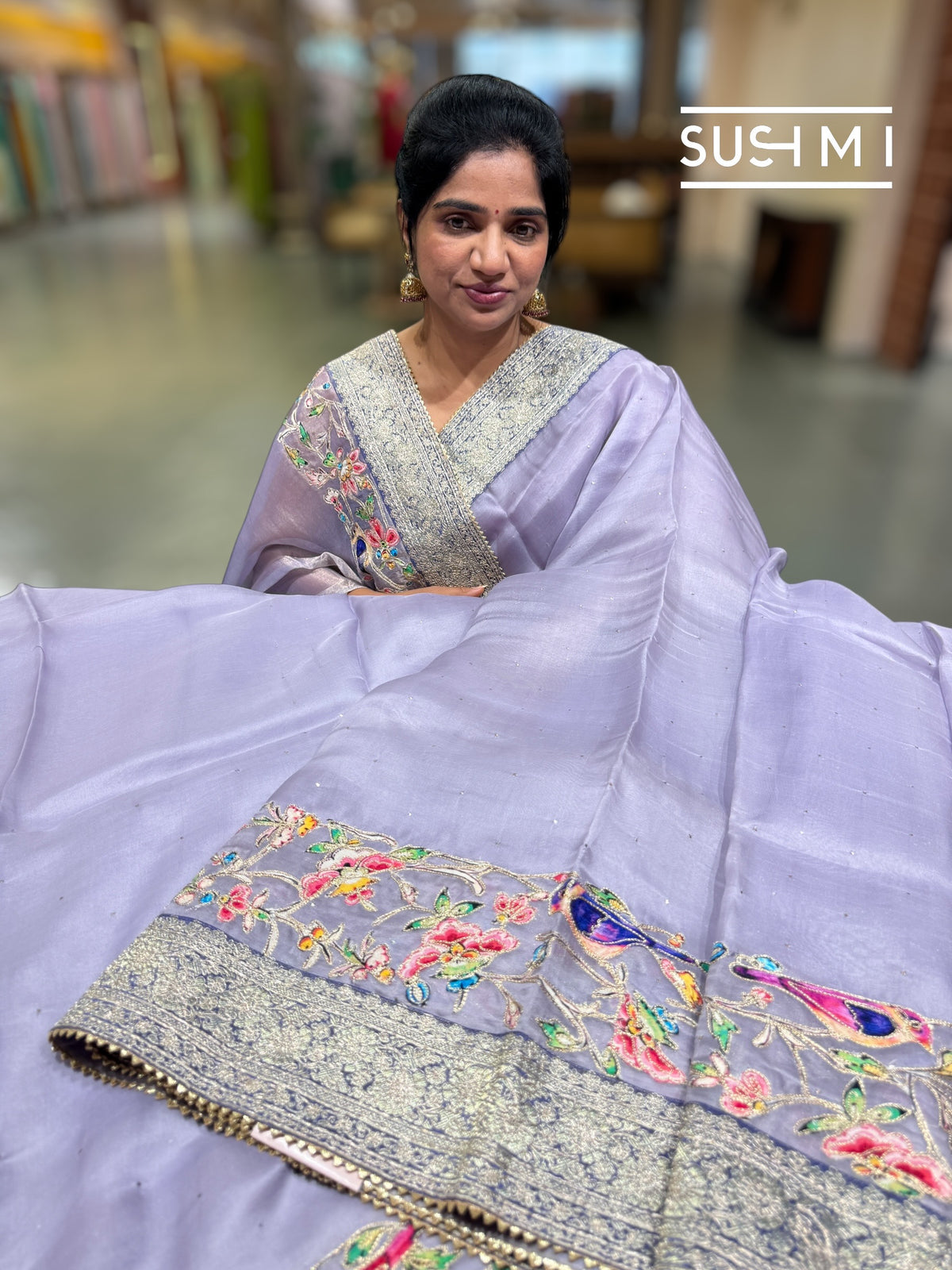 Lilac Organza Banarasi Fusion Saree with Bird Appliqué : SM020
