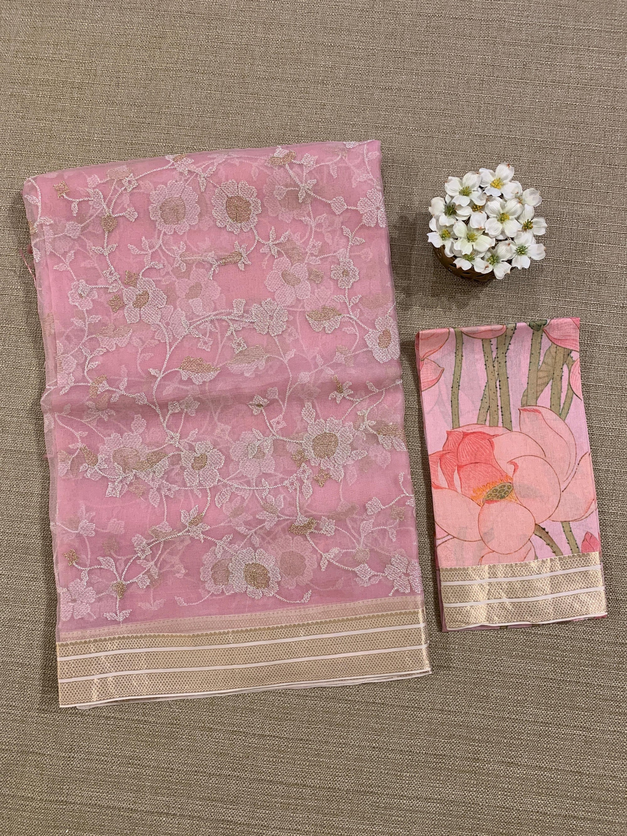 Pink Muslin allover embroidered Saree with pichwai printed blosue