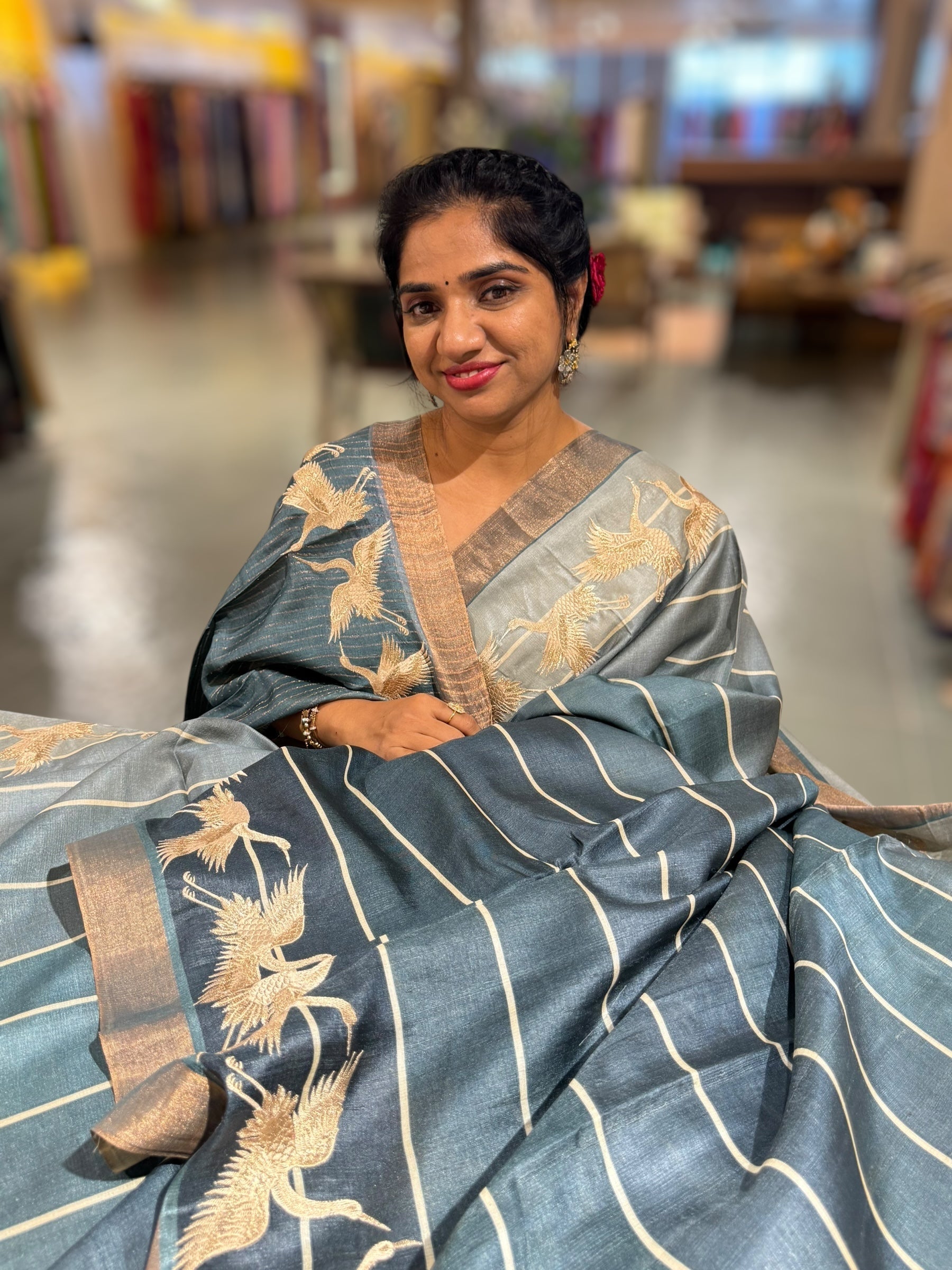 Tussar Rangkaat Saree With Crane Bird  Embroidered Border