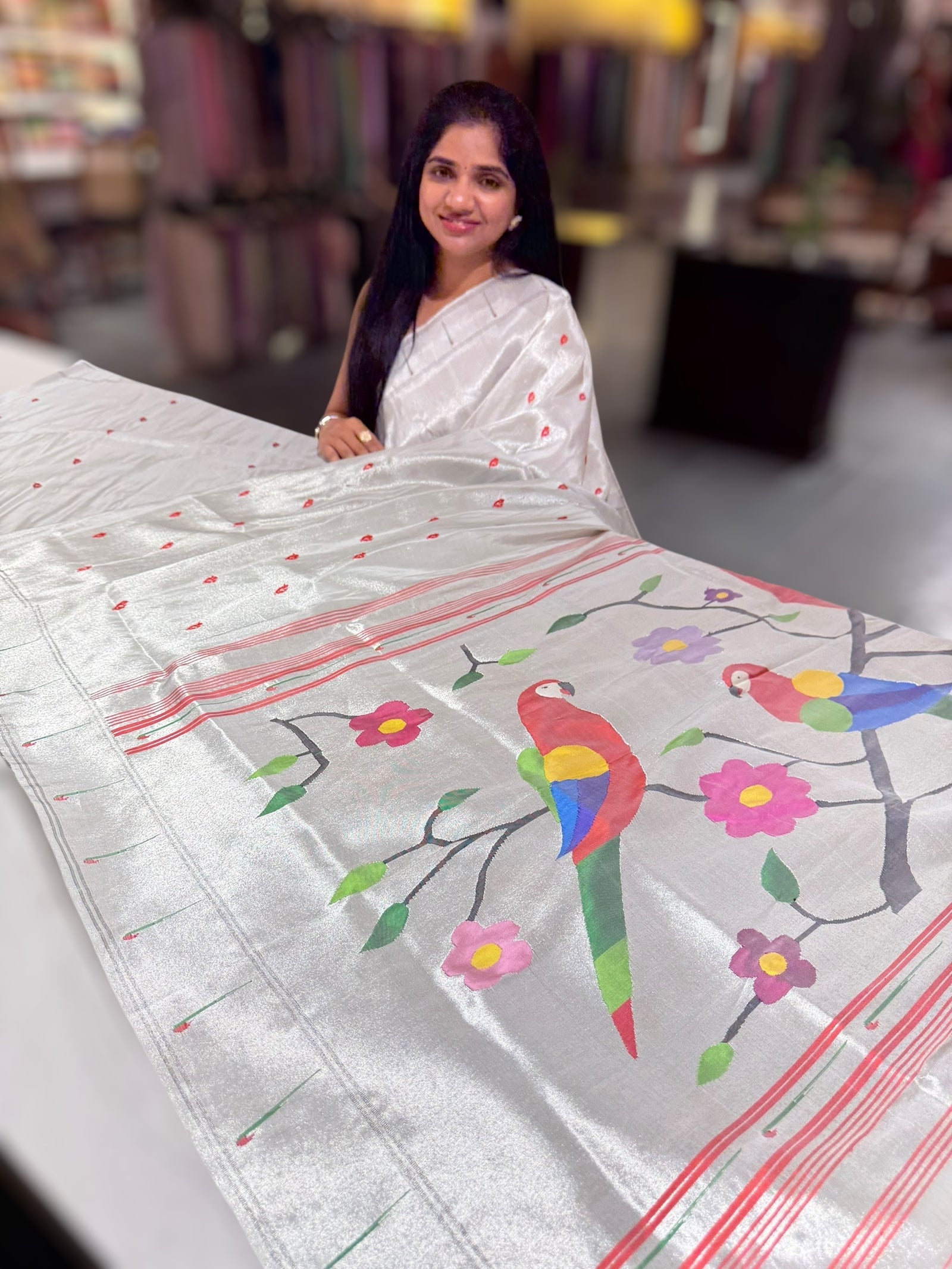 Silver Pure handloom paithani tissue  saree