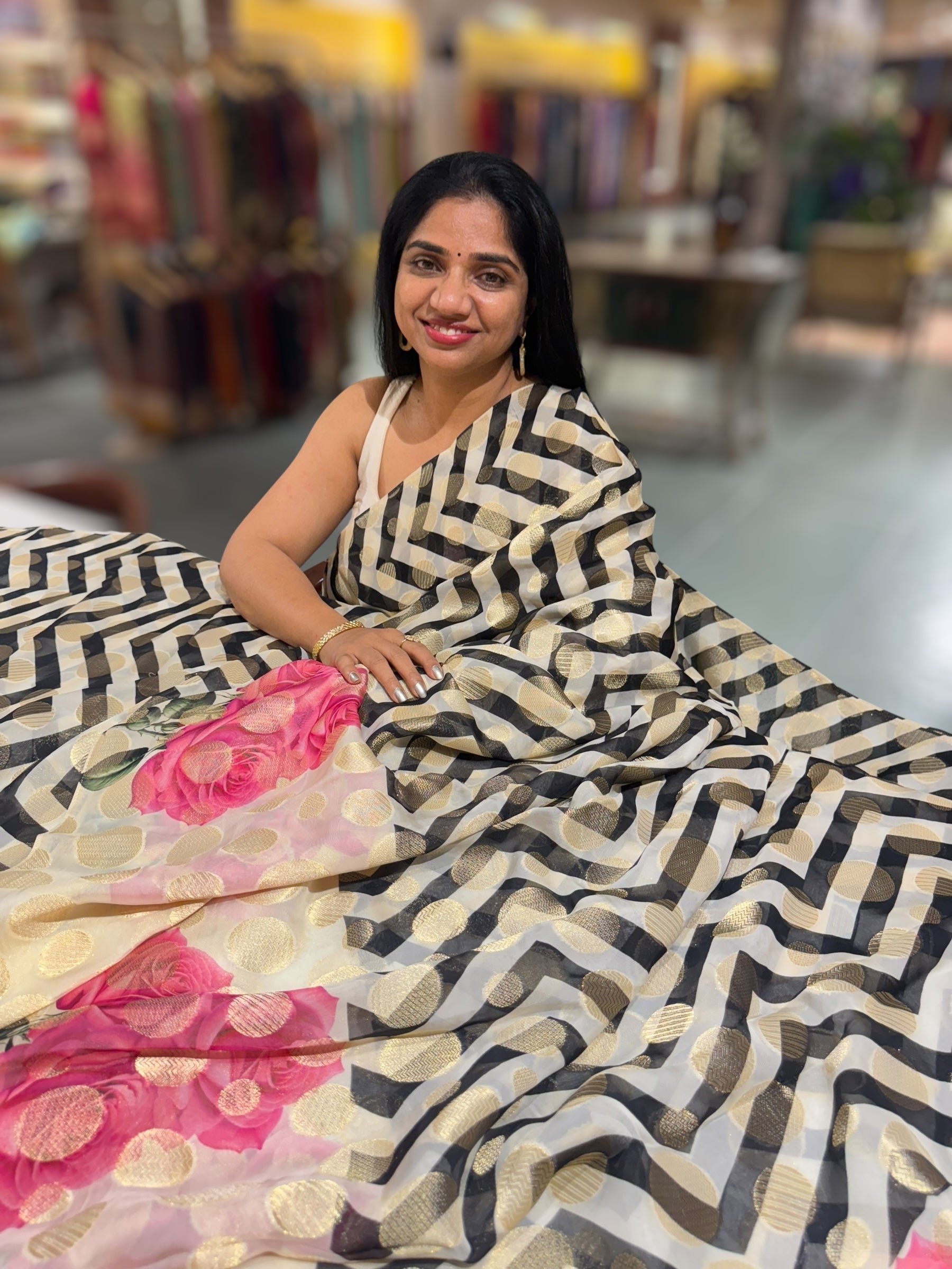 Black Zig Zag Banarasi Kora Gorgette Polka dot Printed Saree