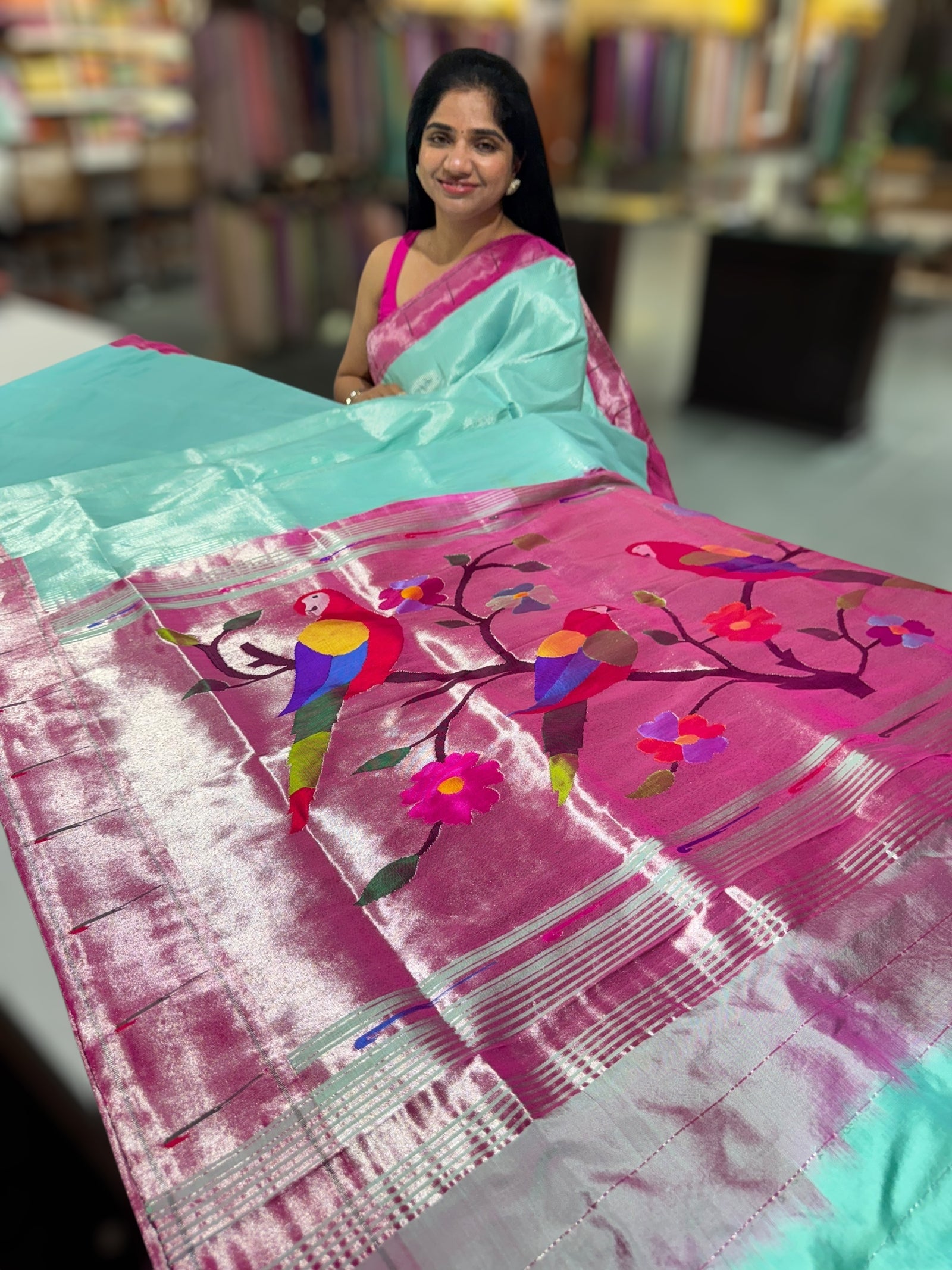 Mint Green Pure handloom paithani tissue stripes saree