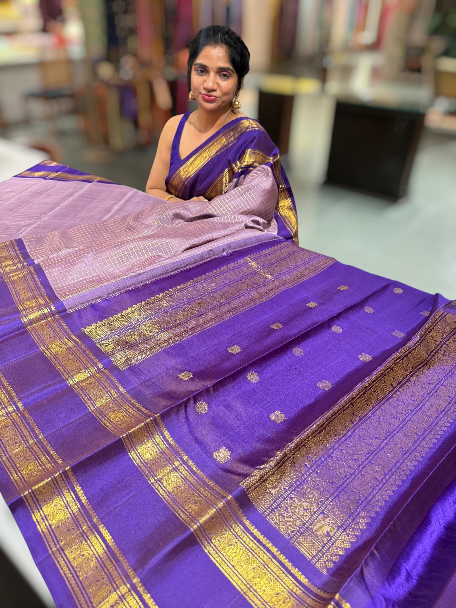 Mauve & Brinjal Combo Kanchipuram Vintage checks Saree with gap borders