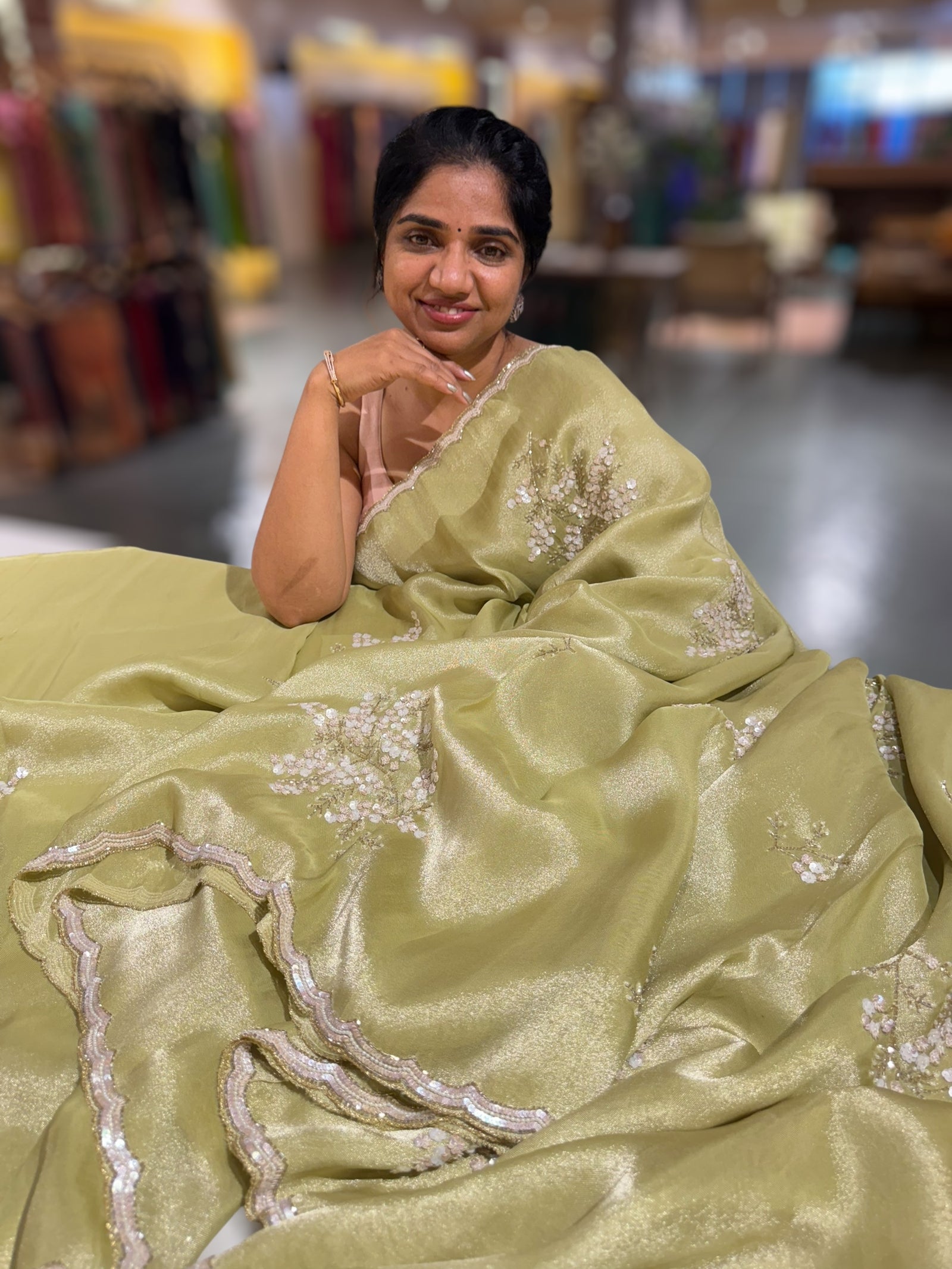 Tissue Gorgette Saree With Handwork Border and Blouse.