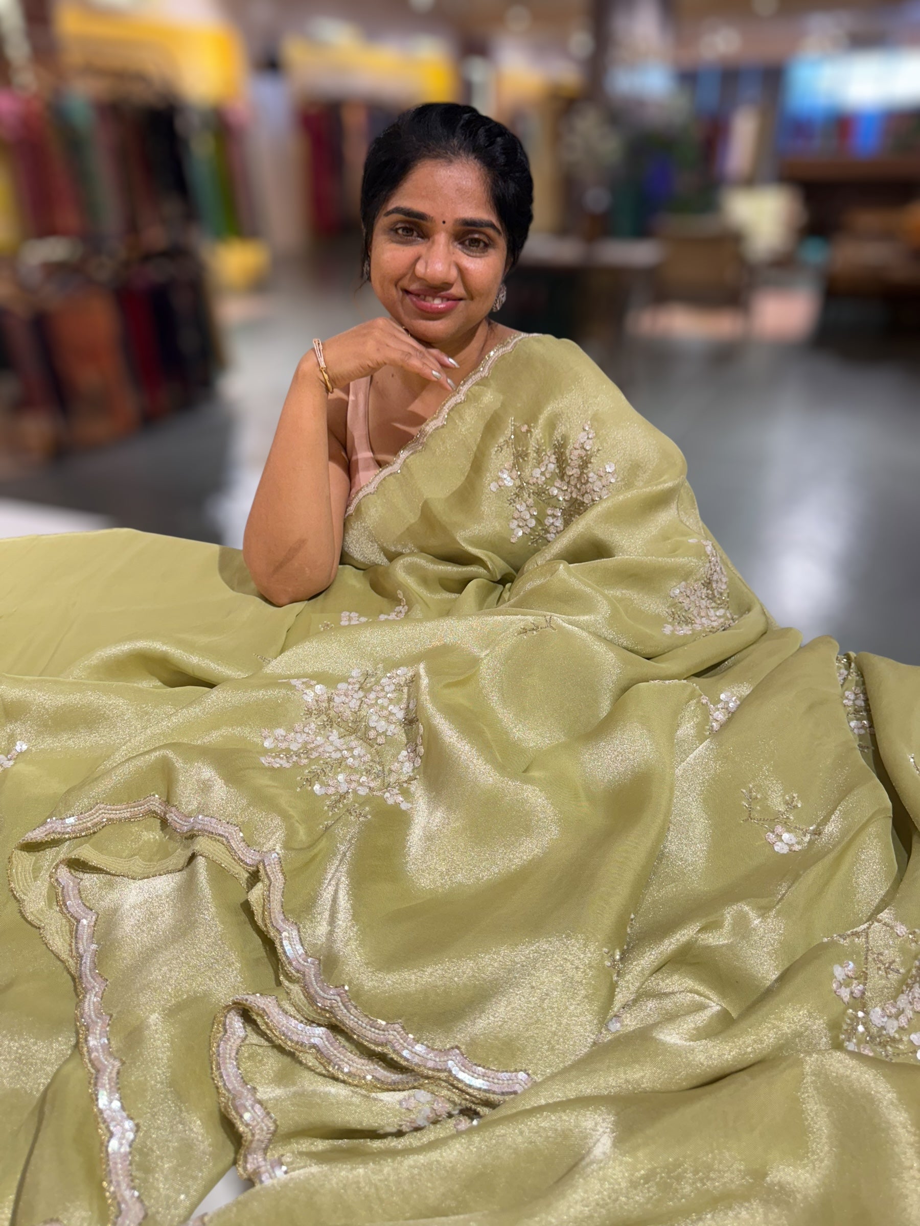 Tissue Gorgette Saree With Handwork Border and Blouse.