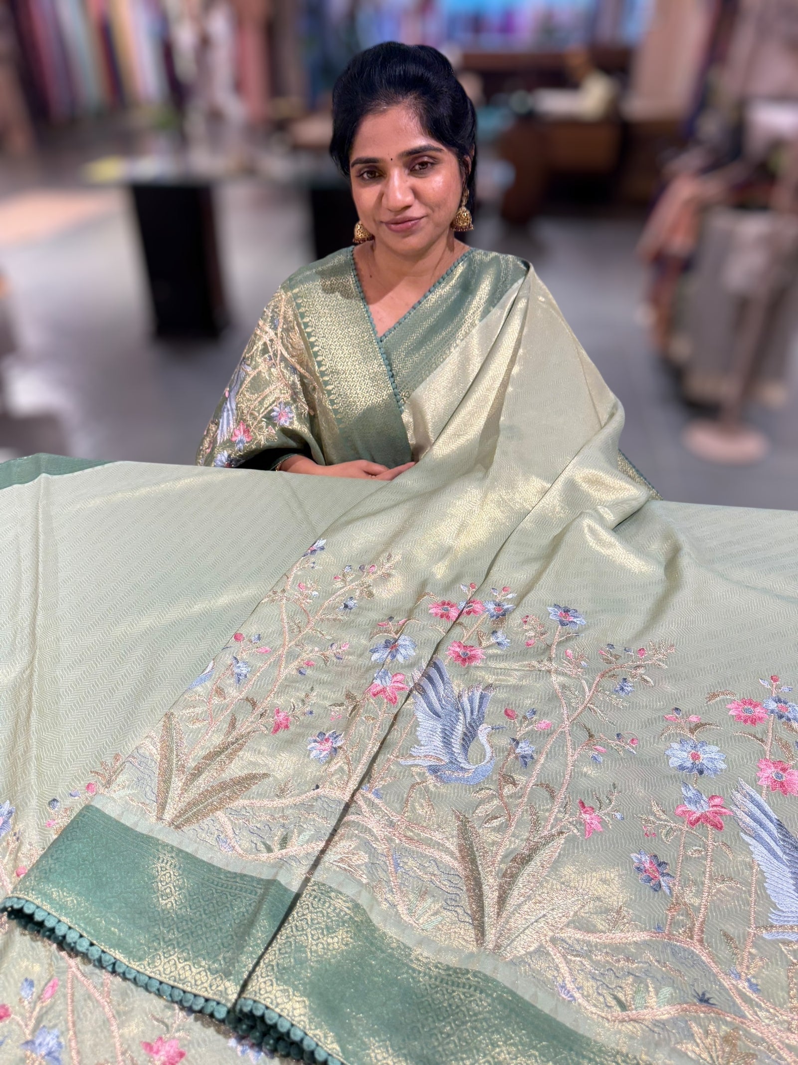 Sage Green Banarasi Tissue with embroidered border