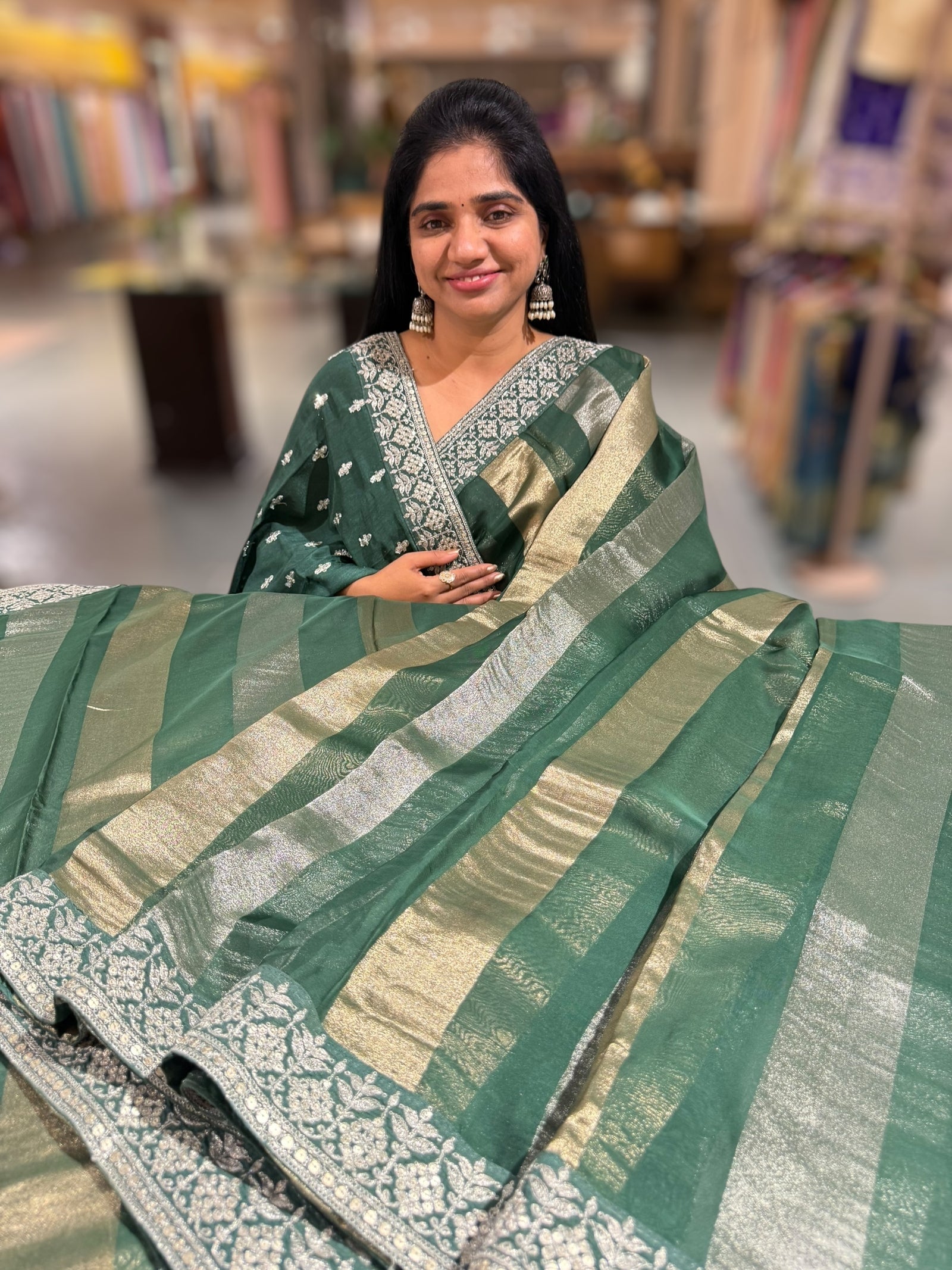 Forest Green kora tissue stripes saree