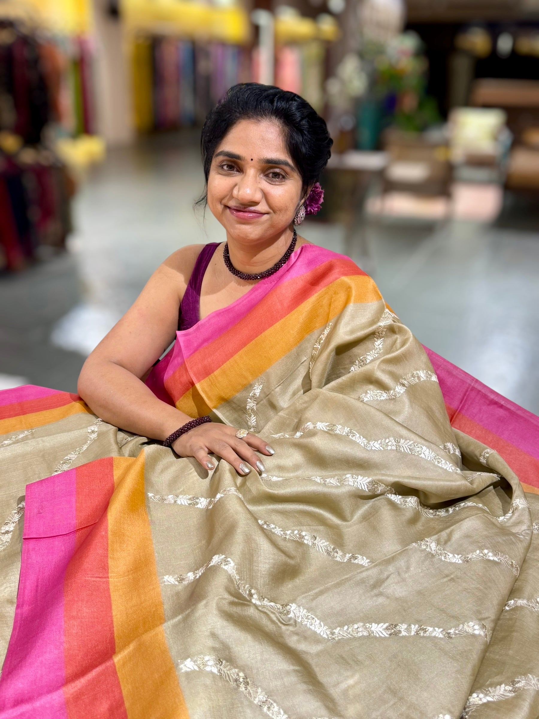 Golden Beige Embroidered Tussar Saree