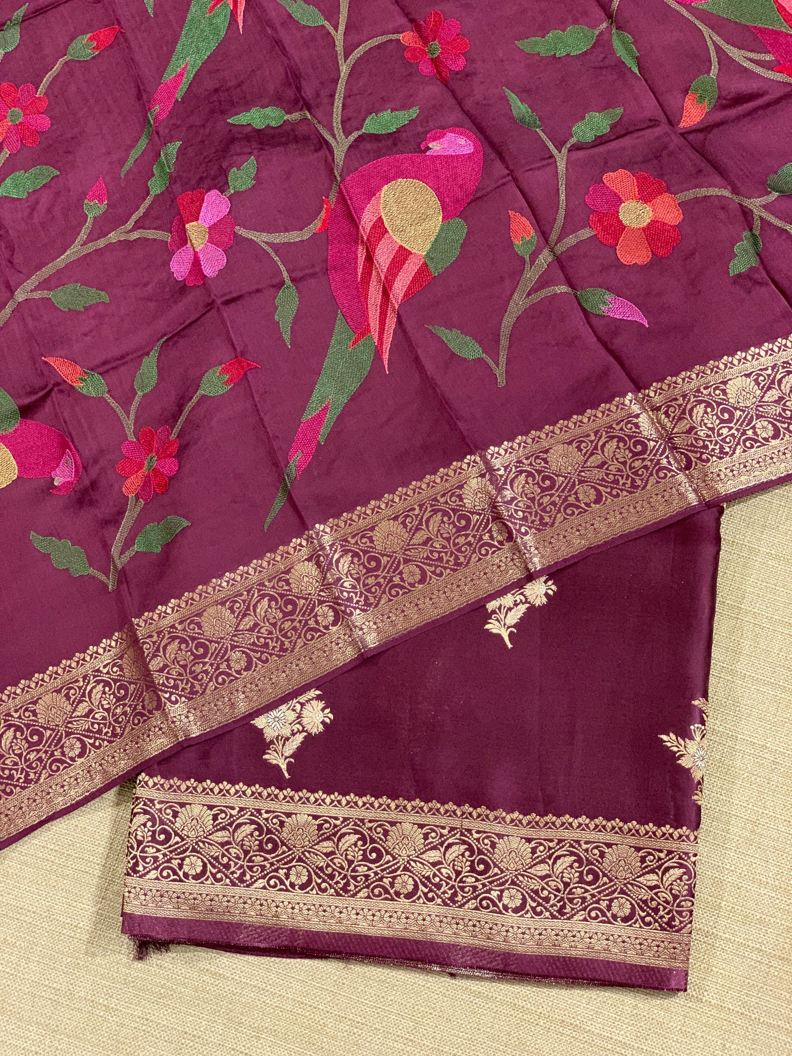 Wine Mashru Silk Saree with Paithani inspired embroidered blouse