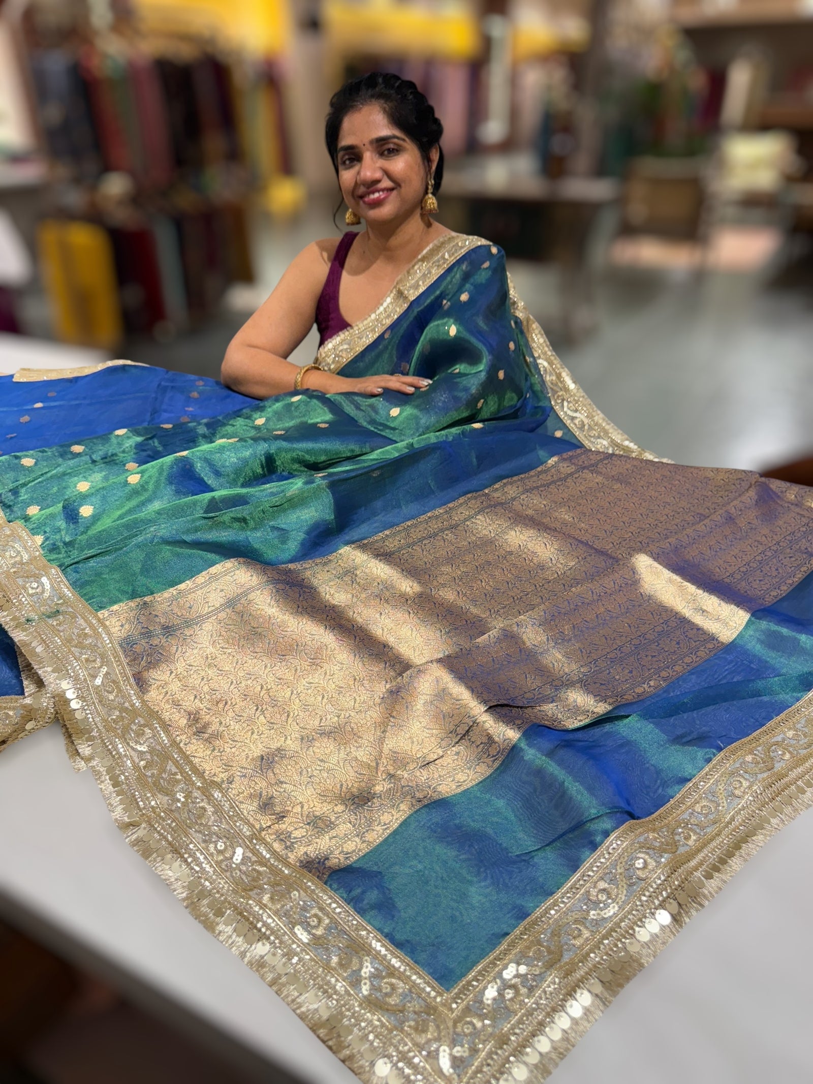 Peacock Bluish Green Pure handloom Banarasi Tissue saree