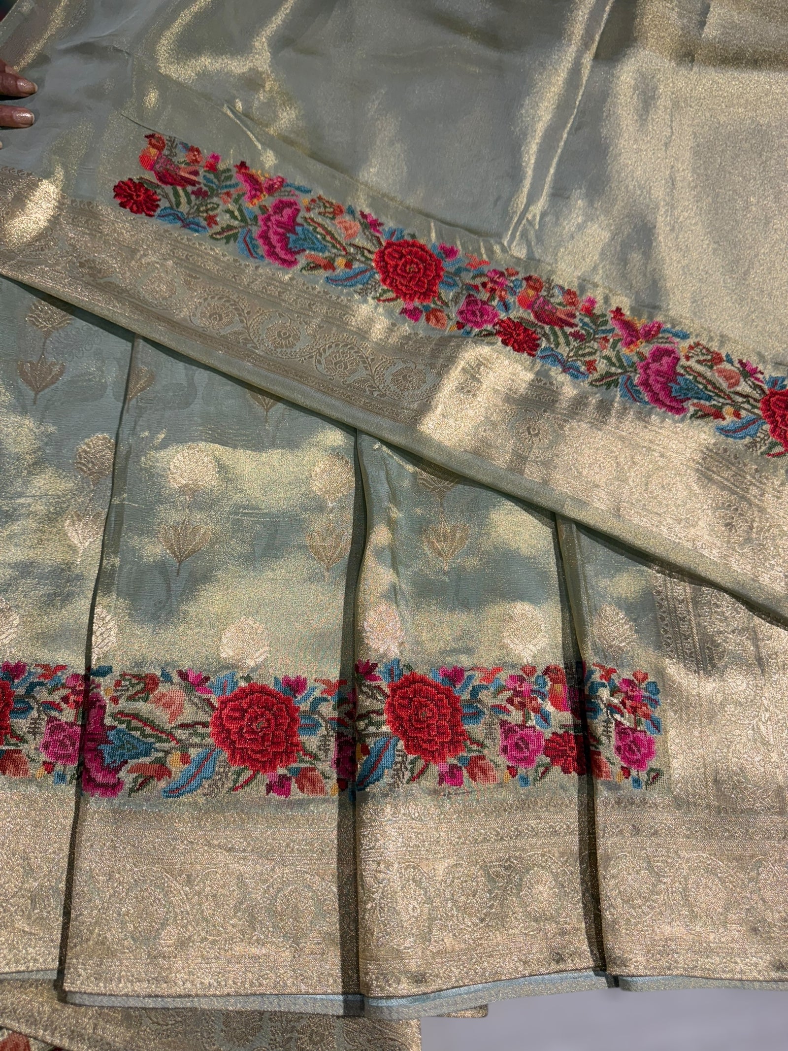 Mint Blue Banarasi Tissue with embroidered border