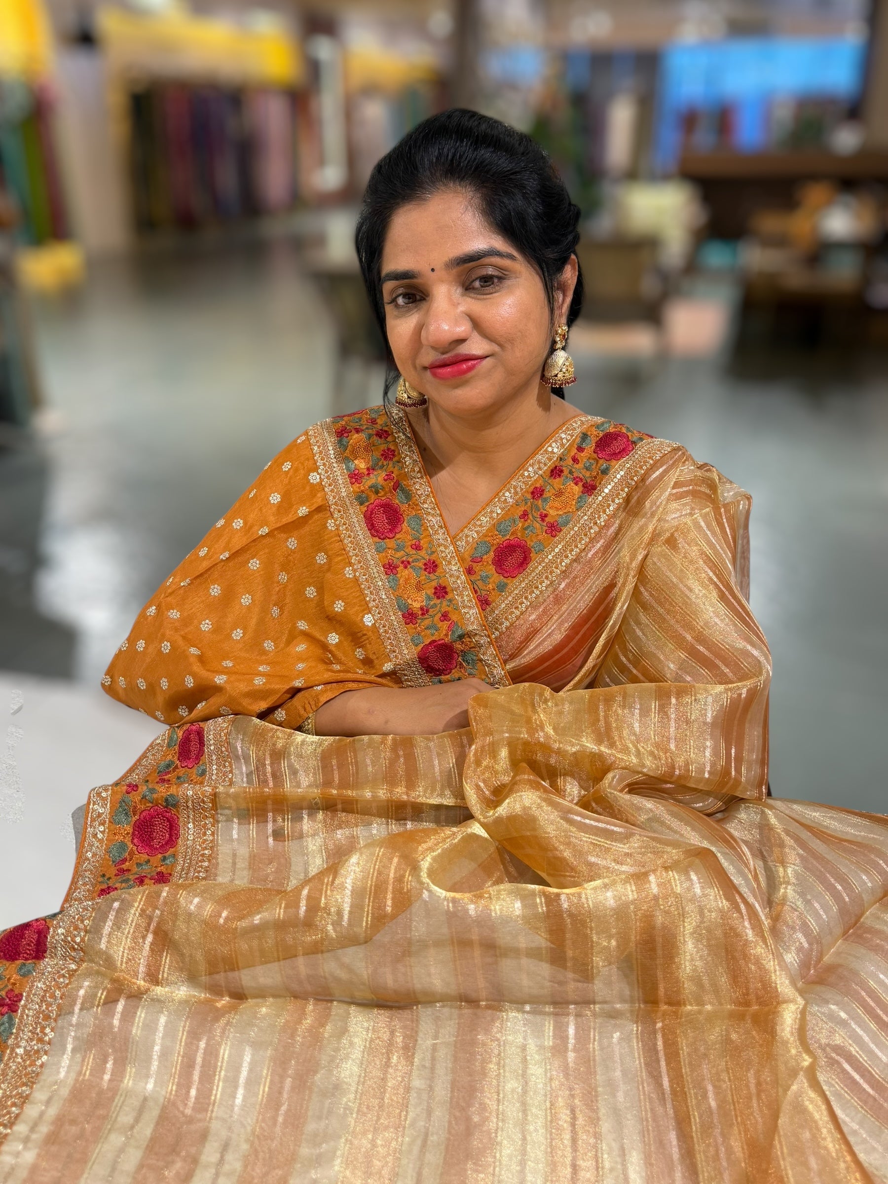 Light Orange Kora Tissue Stripes Saree with Sabhyasachi Style Embroidered Borders & Blouse