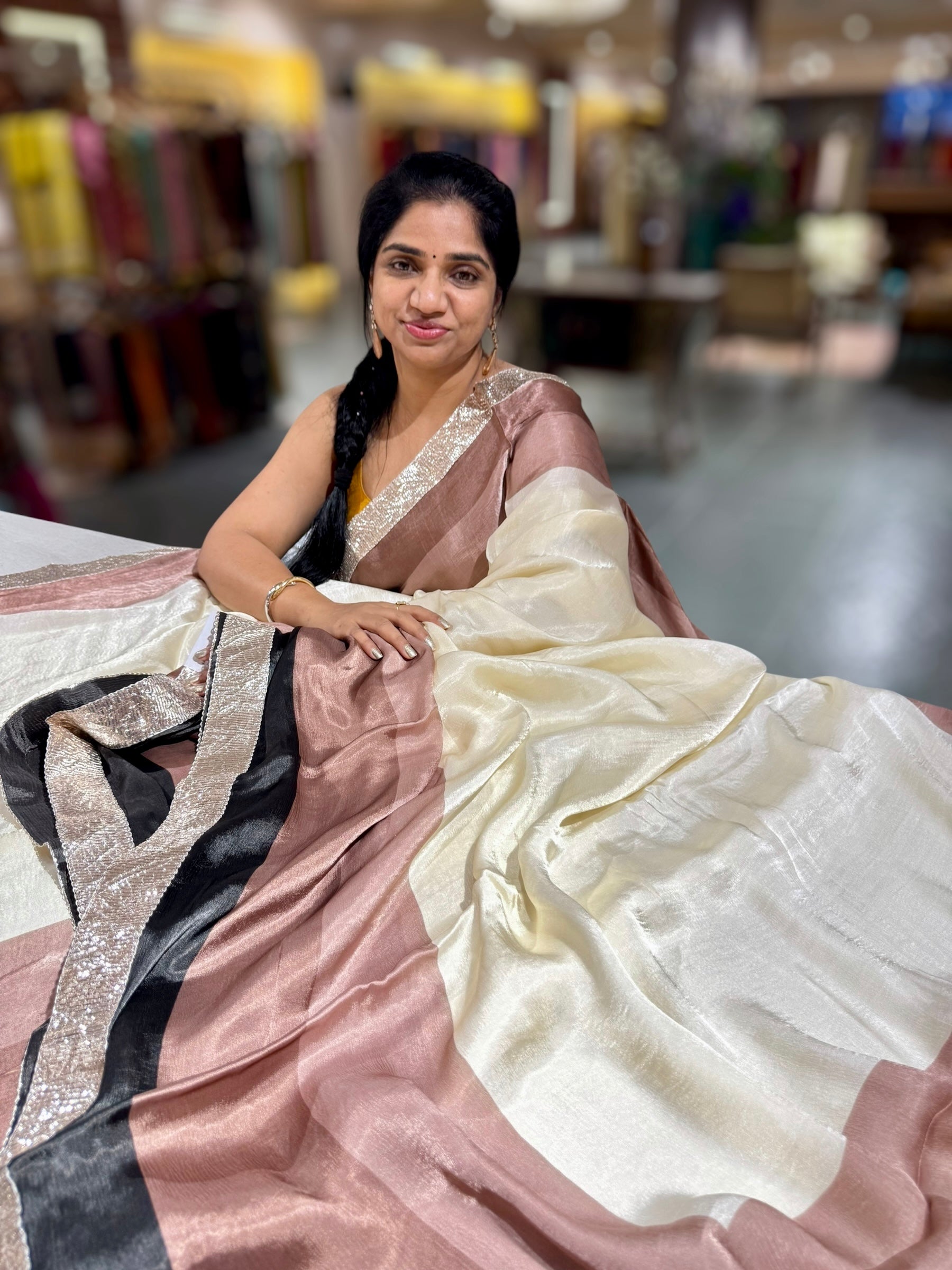 Ivory, Brown & Black Combo Chinnon Crepe Saree with Gotapatti Borders