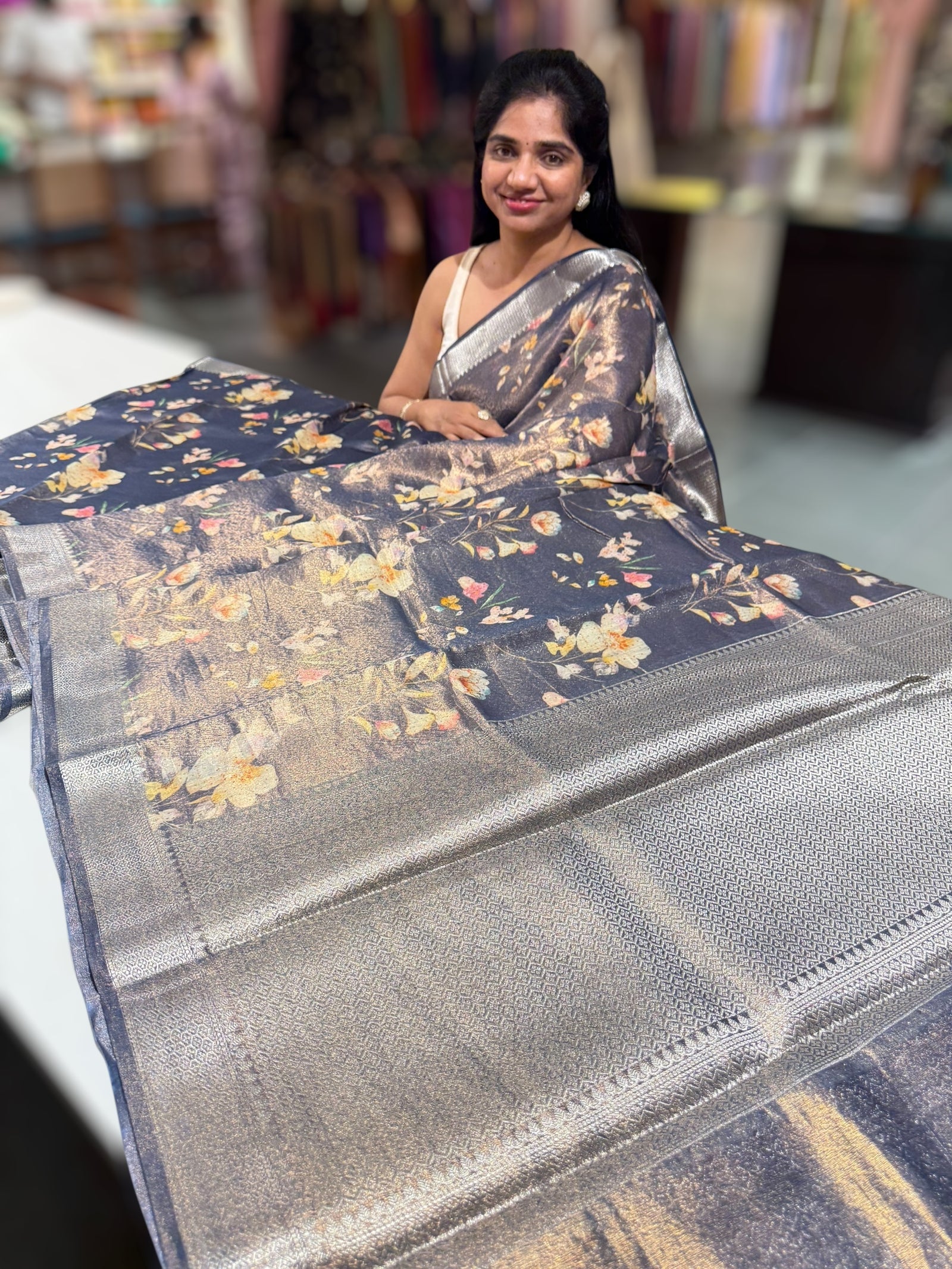 Midnight Blue Printed Banarasi Cotton Tissue