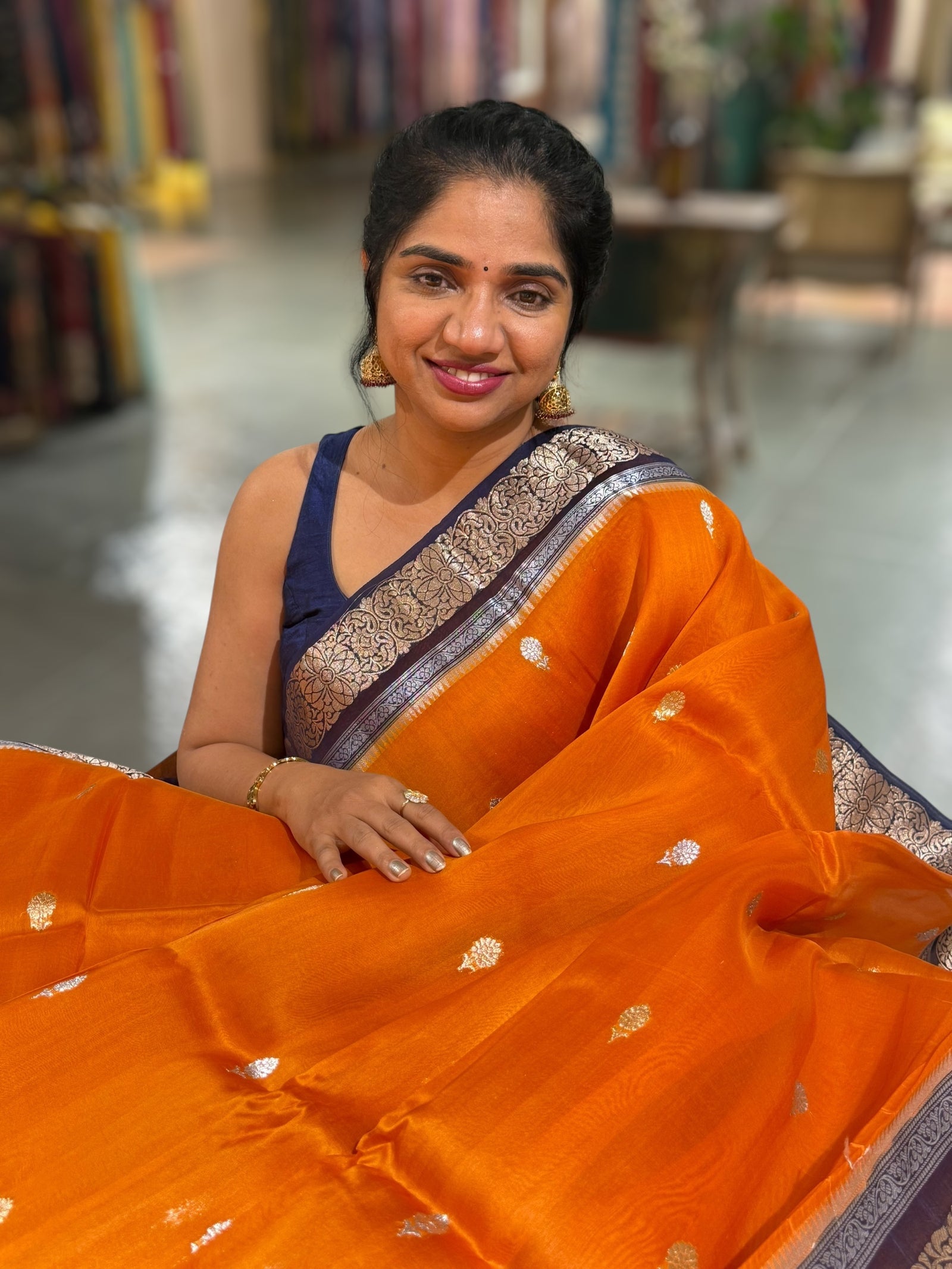 Orange & Navy Pure Handloom Kora Banarasi Saree