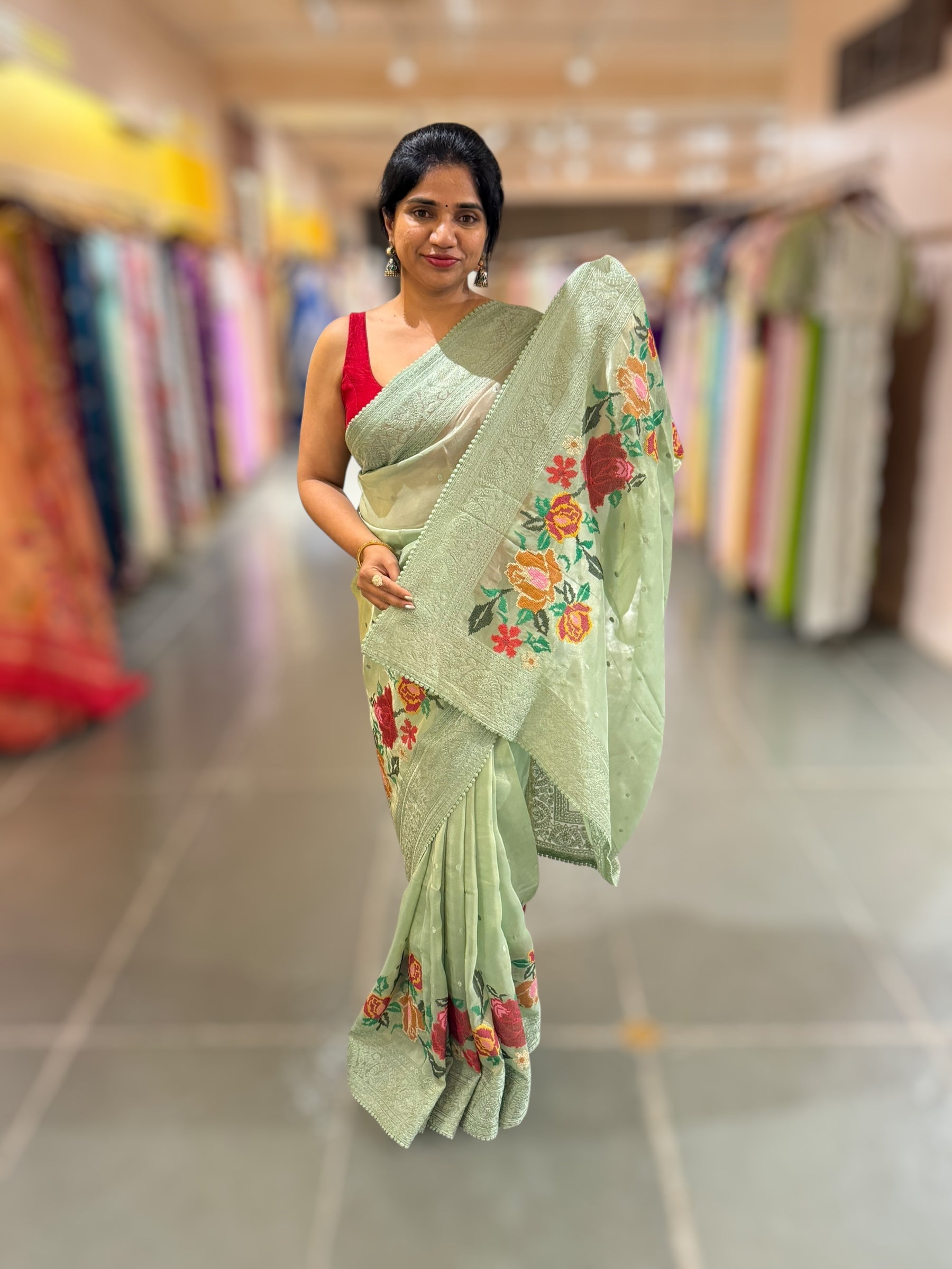 Dhaara : Sage Green Tissue Gorgette Saree