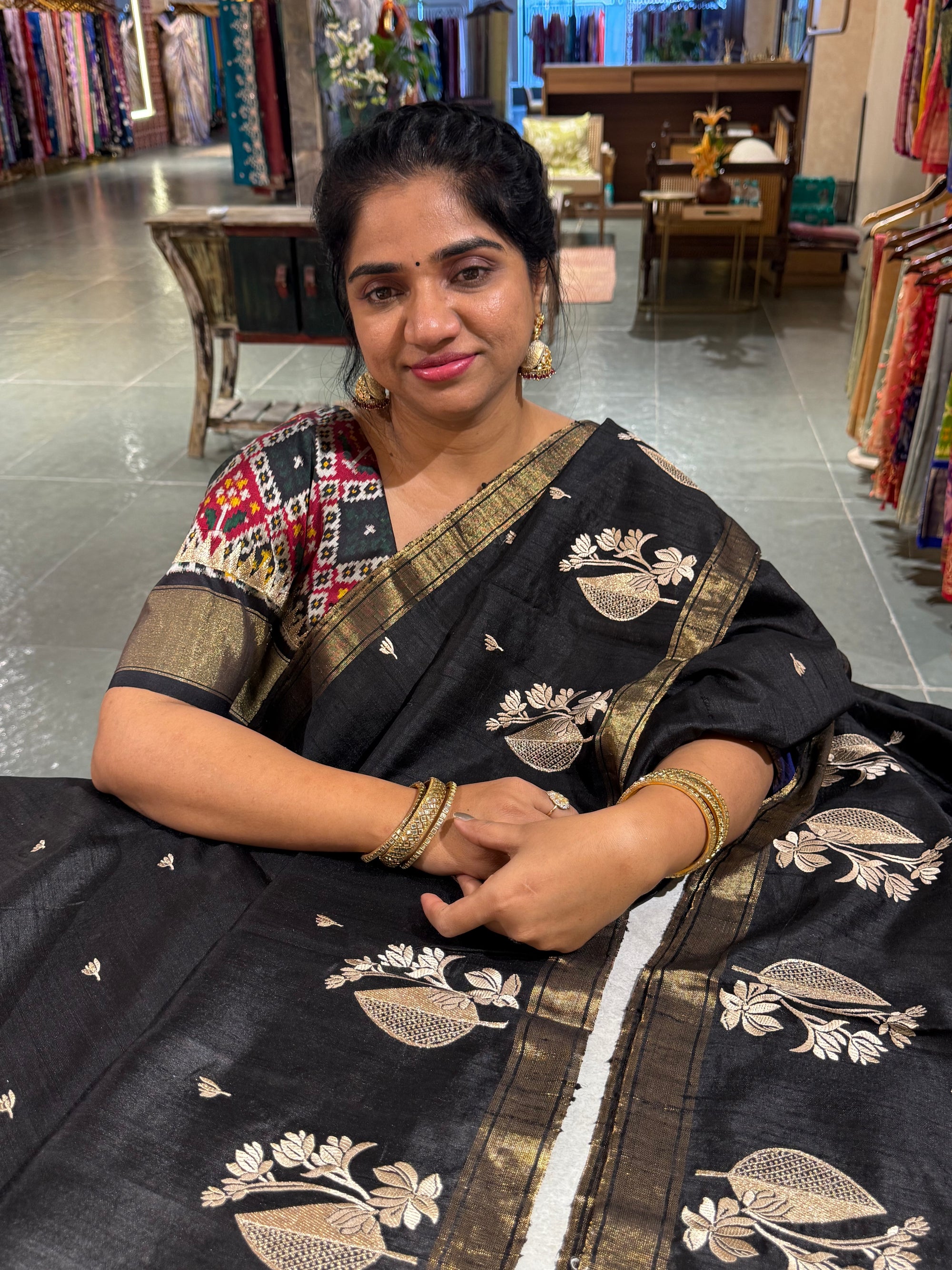 Black Pure Handloom Raw Silk Saree