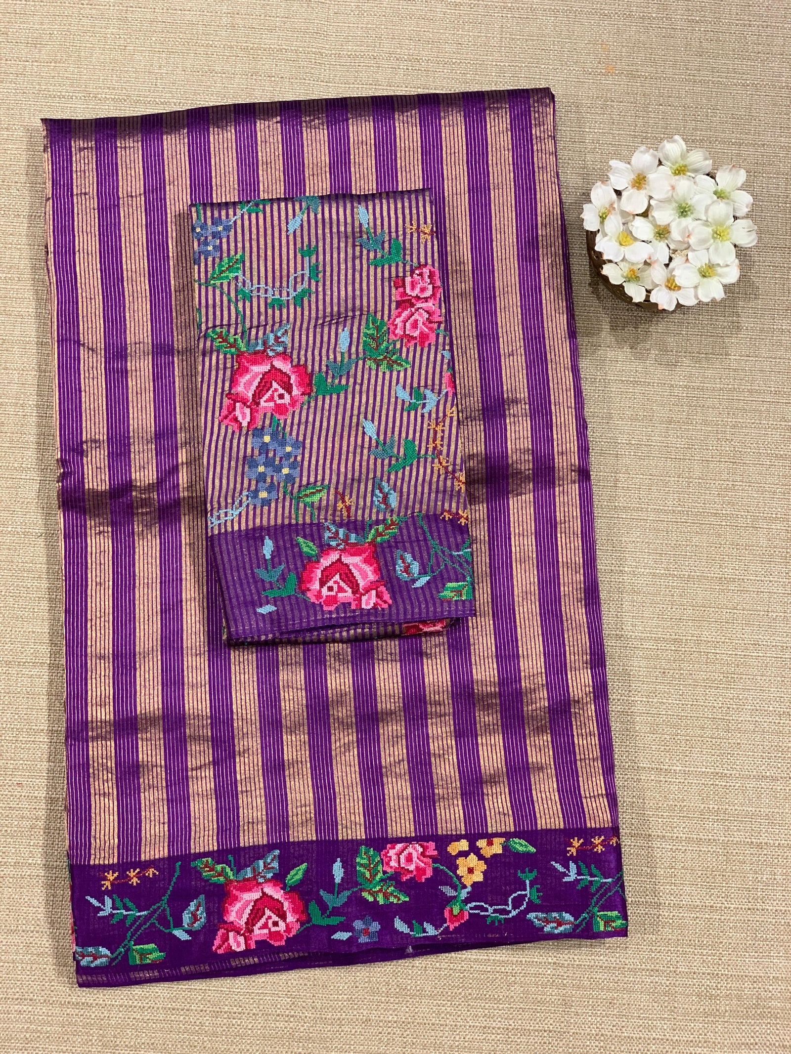 Brinjal Banarasi Tissue stripes Saree with petite point embroidery