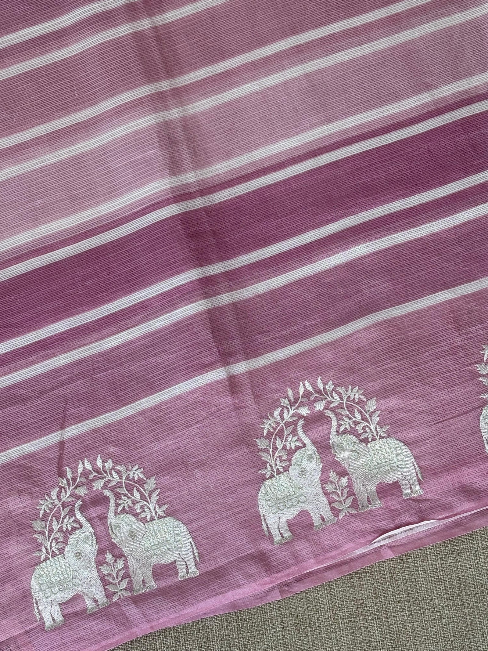 Dusty Pink Designer Silk kota saree with elephant embroidered border