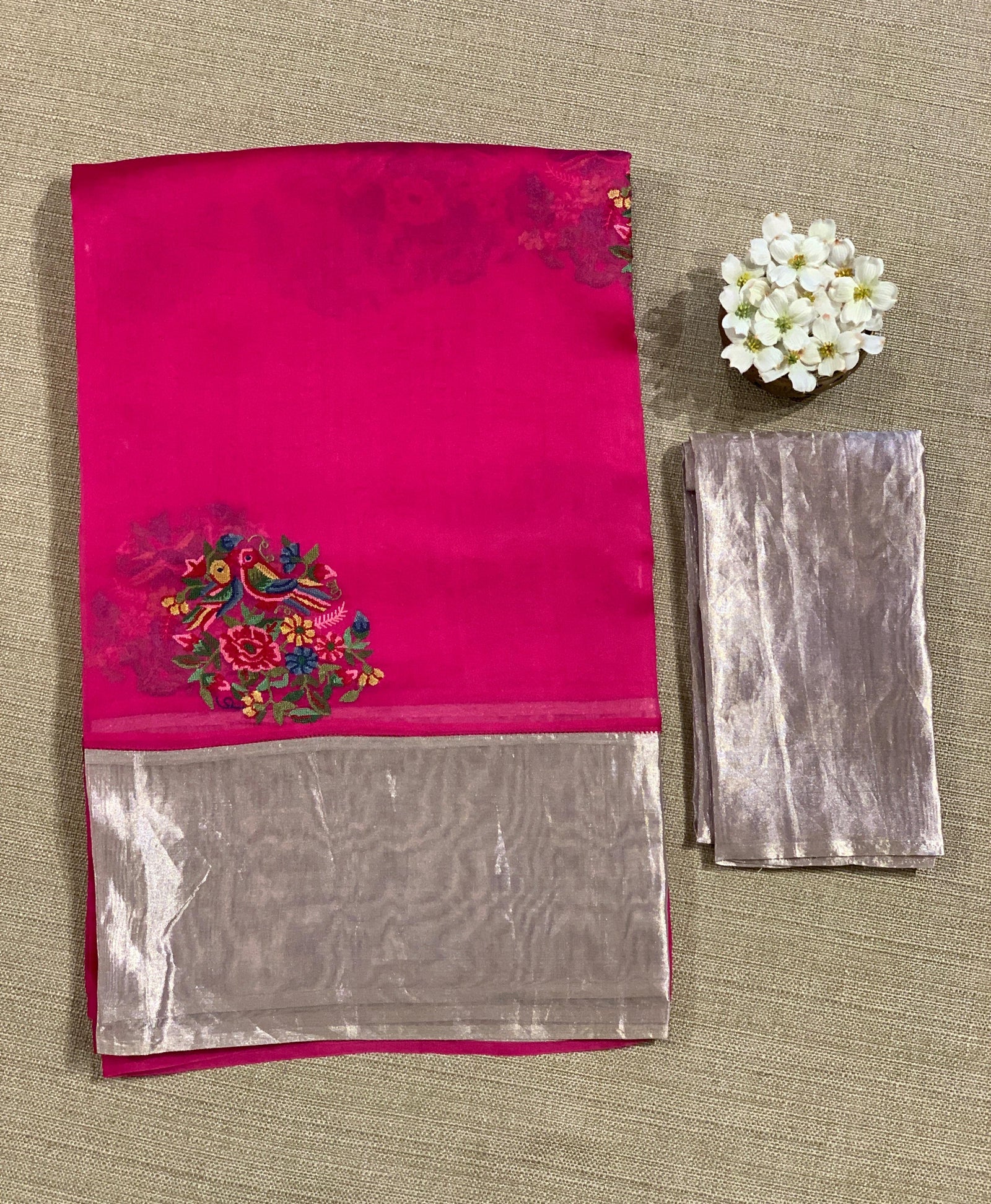 Rani Pink Organza Saree with pure Tissue Border