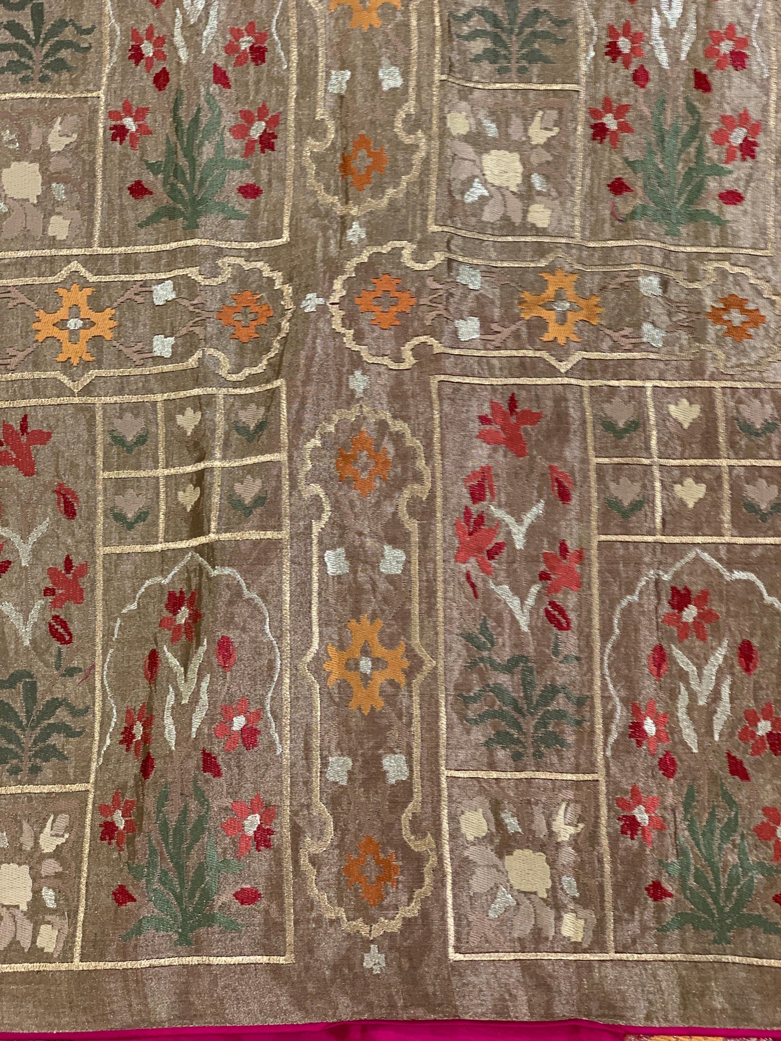 Rani Pink Kanchi soft silk saree with pythani and jamdani inspired embroidery