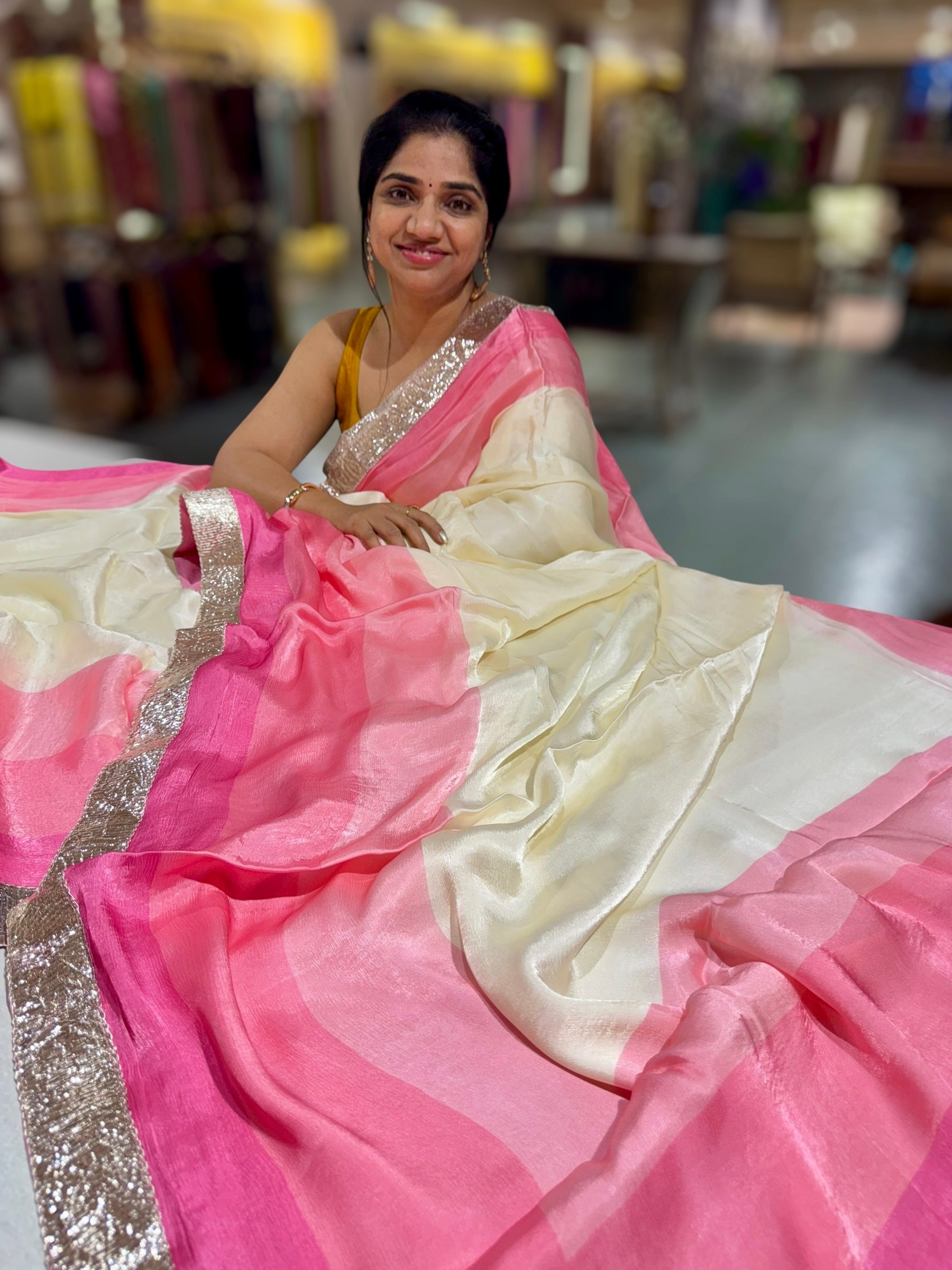 Ivory & Neon Pink Combo Chinnon Crepe Saree with Gotapatti Borders
