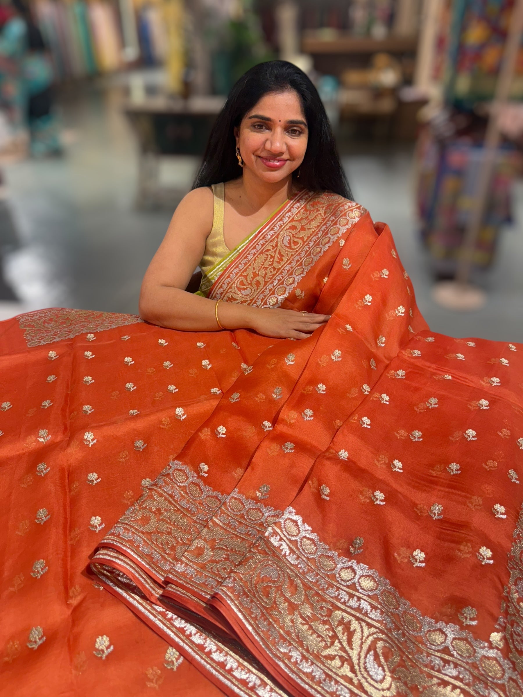 Orange Pure Organza Saree With Jamdani Inspired Embroidery