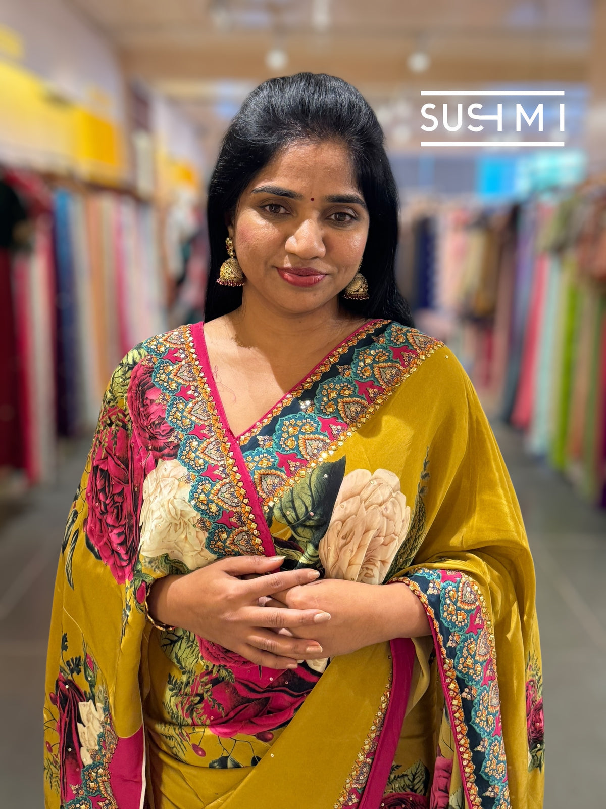 Mustard Gold Designer Crepe Silk Saree : D62F030