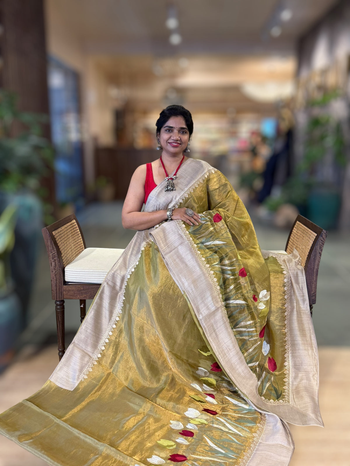 Lime Green Designer Handloom Tissue Saree With Tulip embroidery