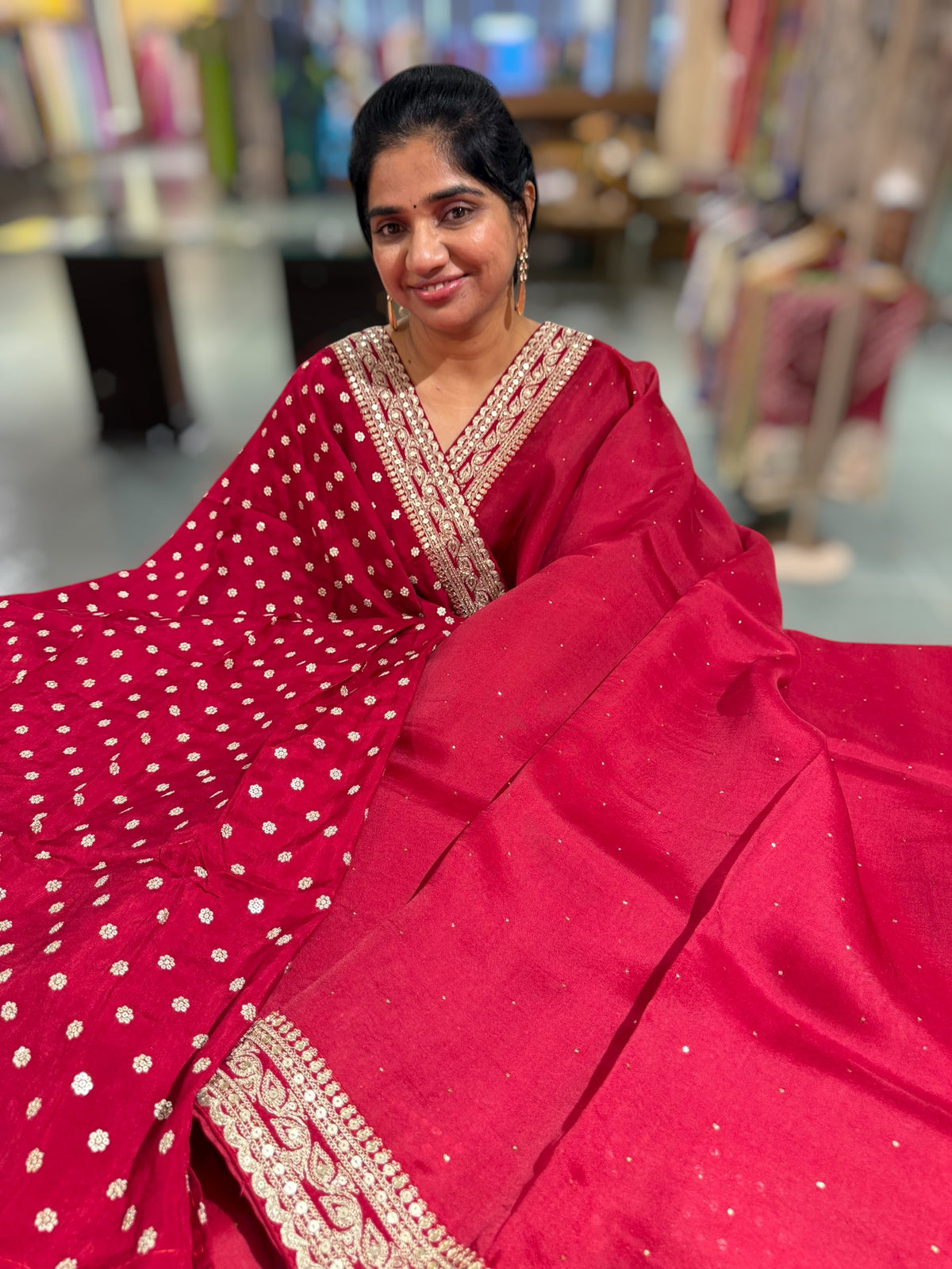 Maroon Red Pure Organza Saree with allover mukaish work & sabyasachi borders