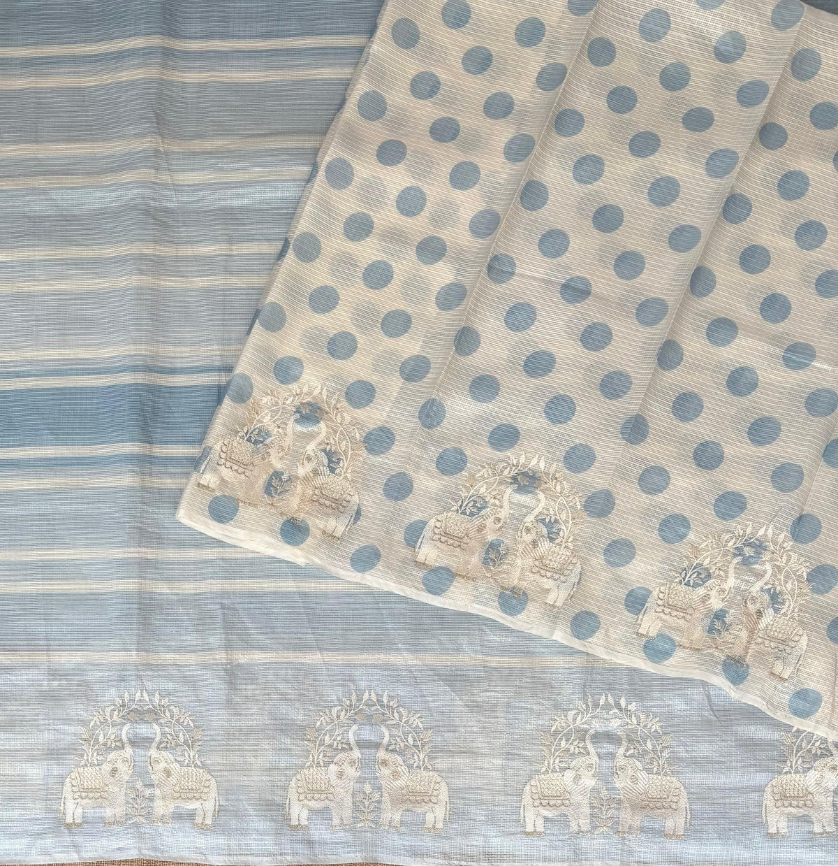 Dusty Blue Designer Silk kota saree with elephant embroidered border