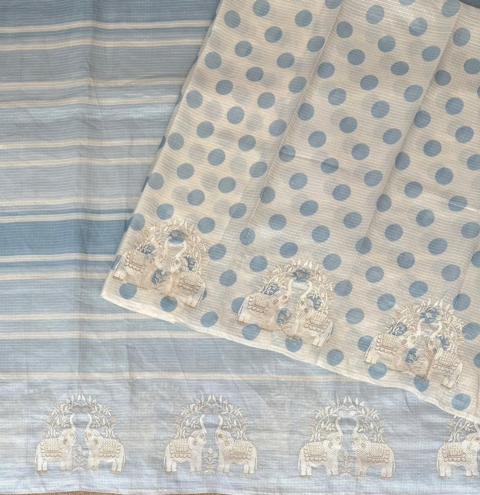 Dusty Blue Designer Silk kota saree with elephant embroidered border