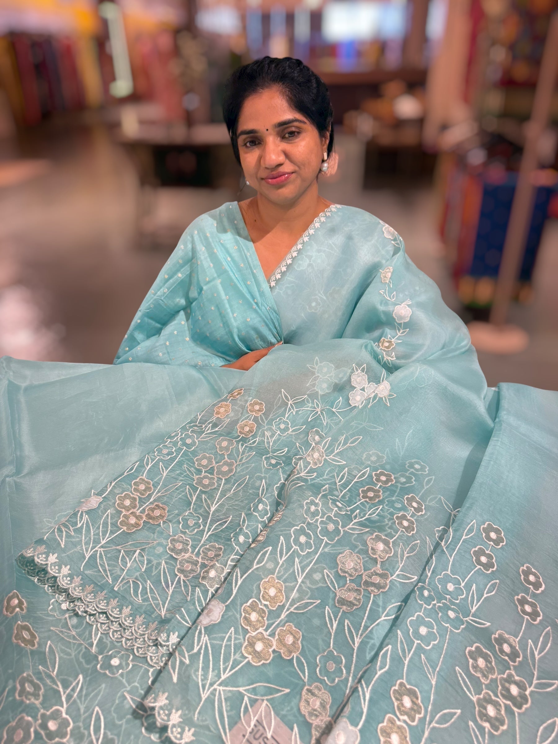Seablue Organza Saree With Tissue Applique Work