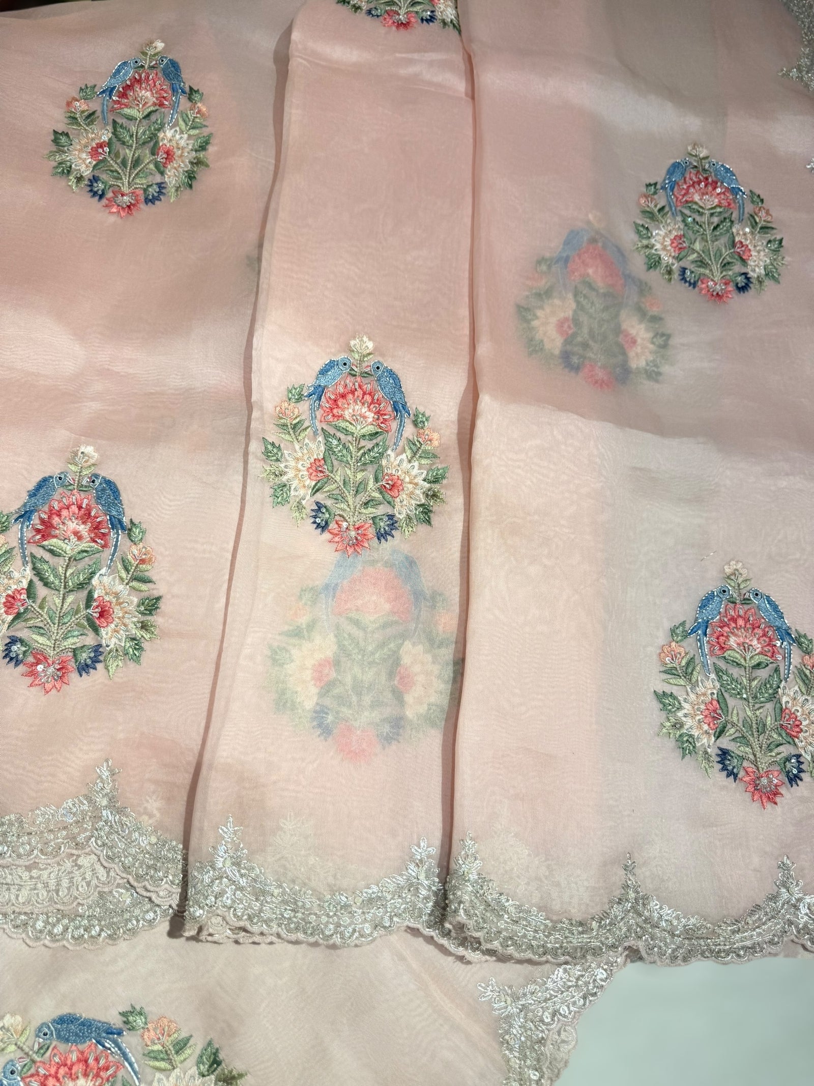Pastel Pink pure Organza handwork saree