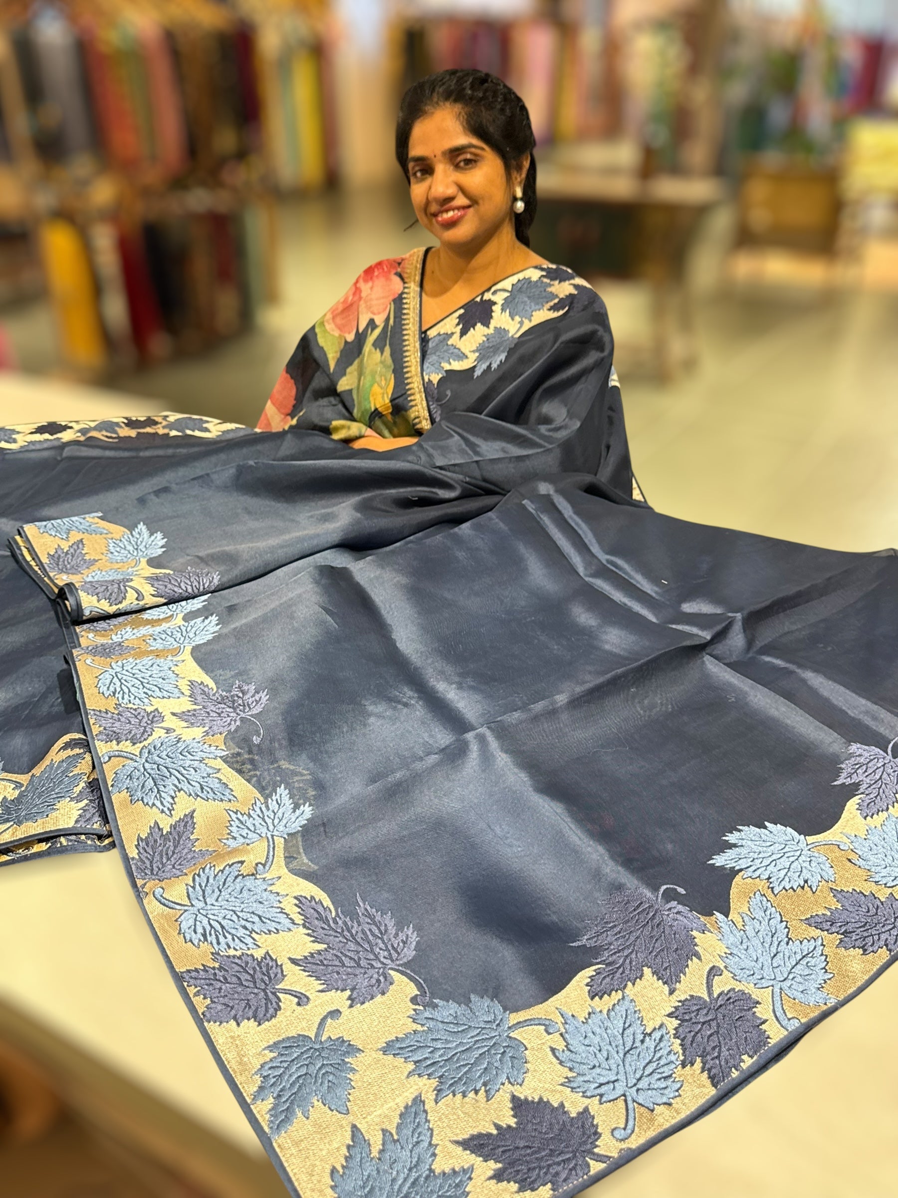 Midnight Blue Organza Saree with Stunning Leaf Embroidered Border