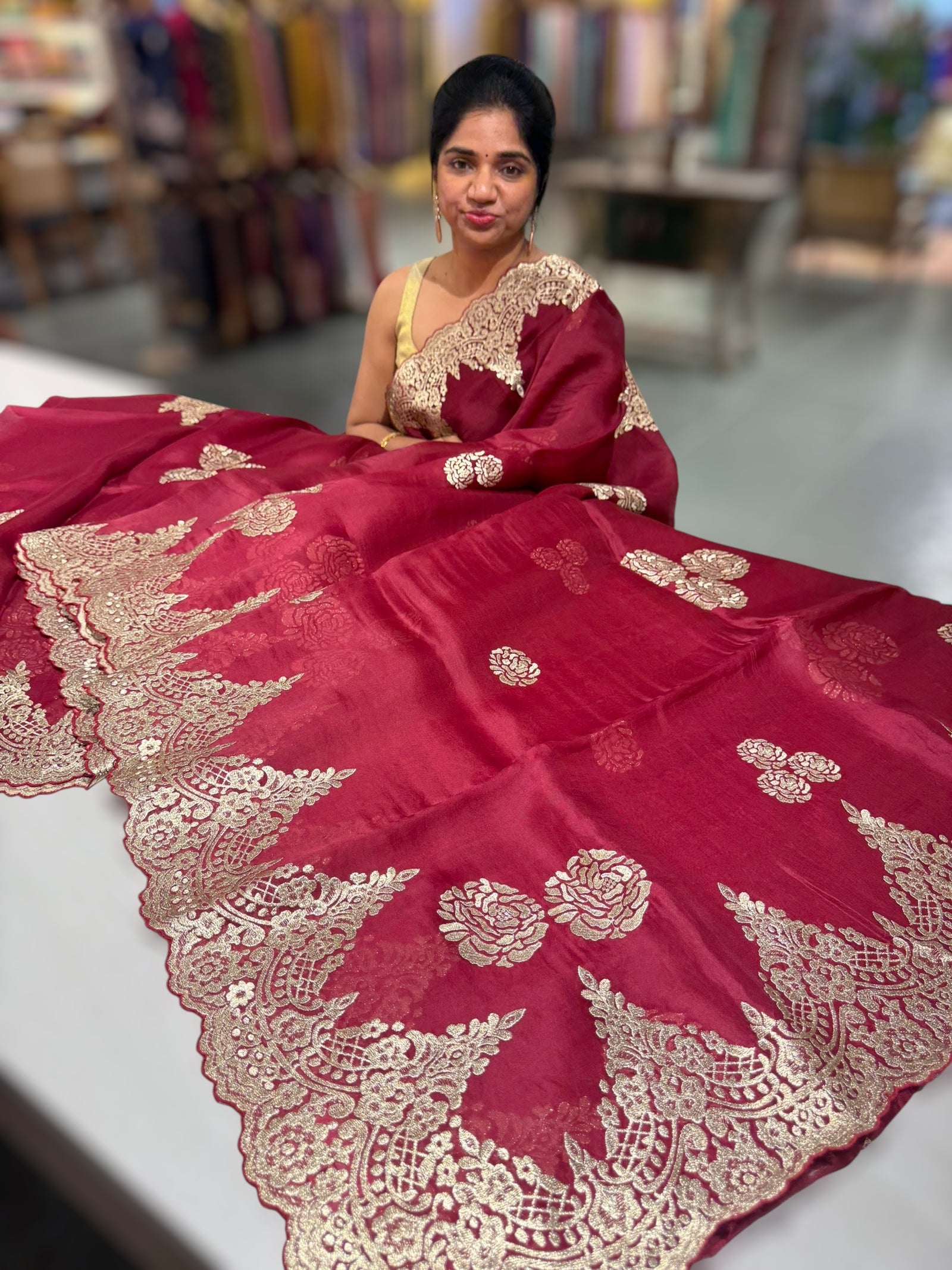 Meroon Organza Saree with stunning chantilly lace style  cutwork embroidered border