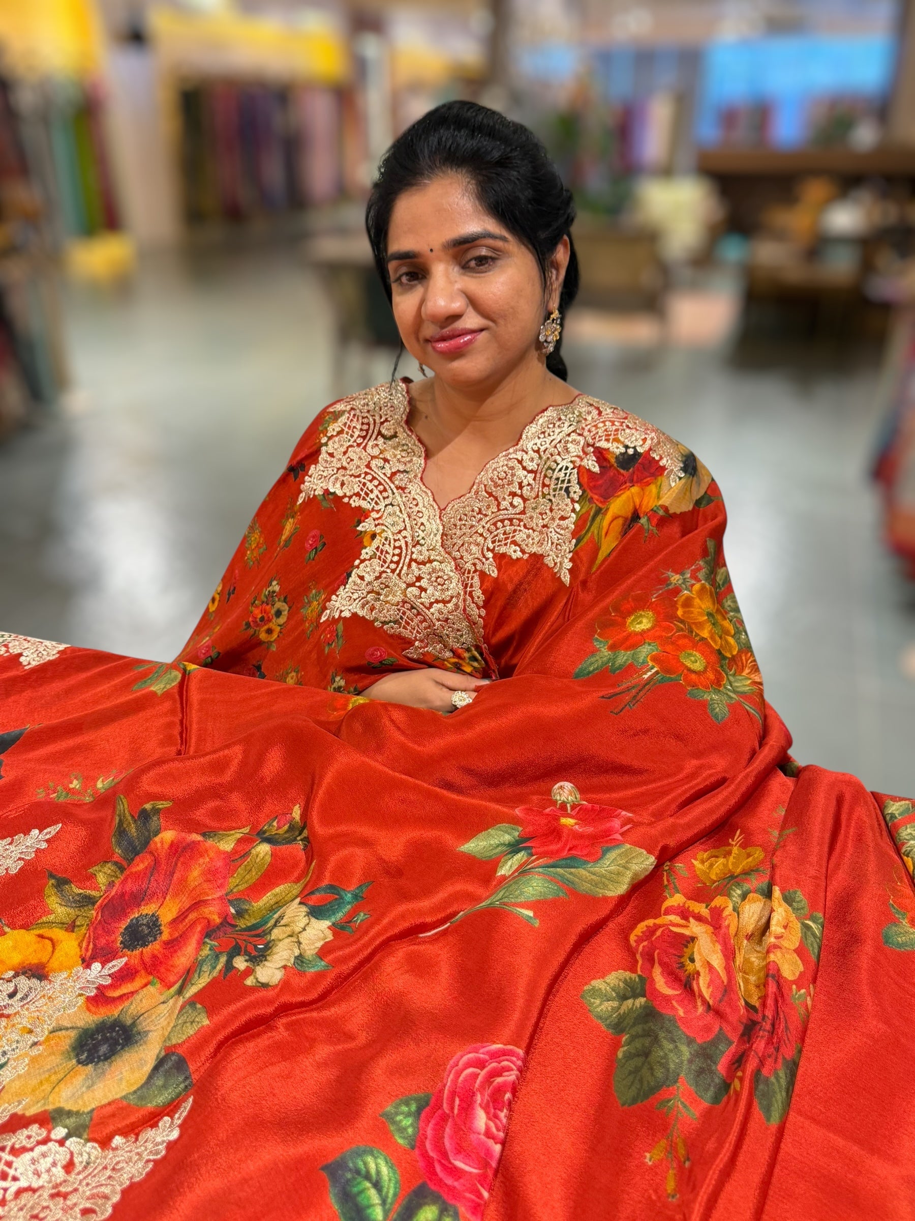 Red Crepe Printed Saree with Chanitlly Lace style Embroidery