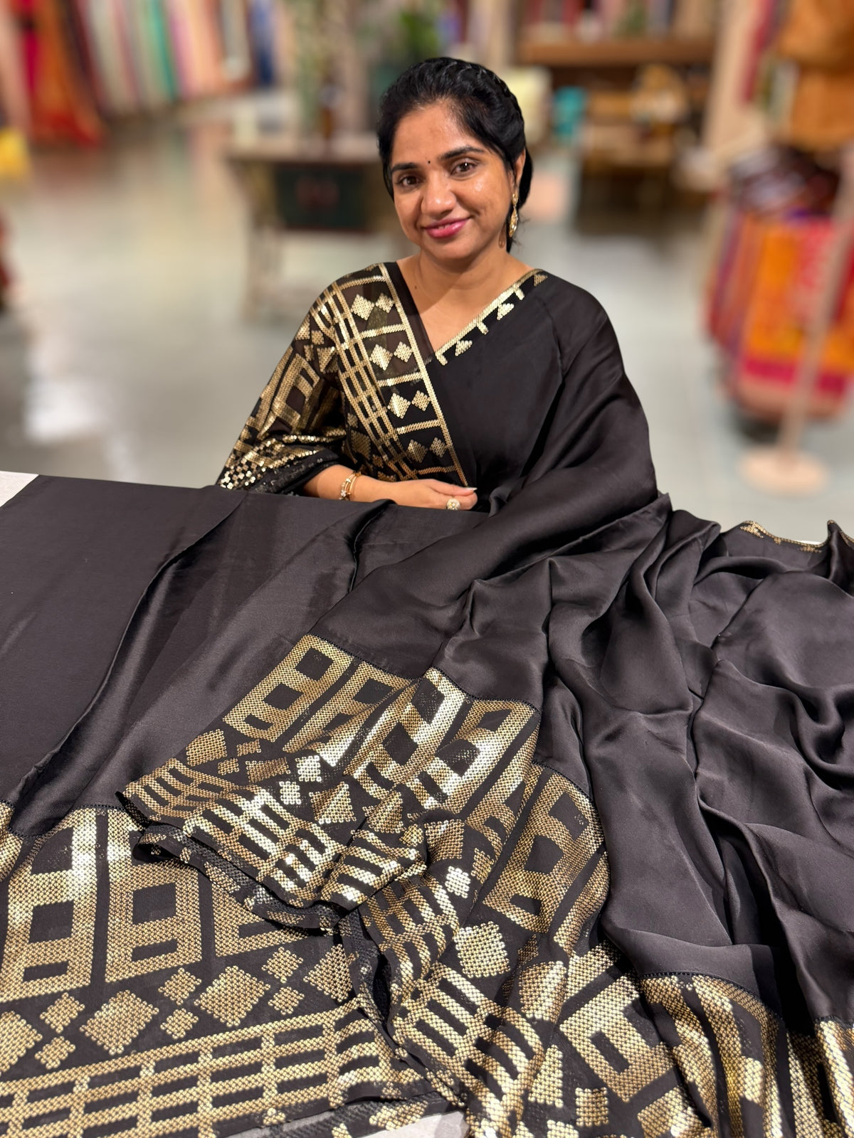 Black pure Satin Saree with designer sequence border and blouse