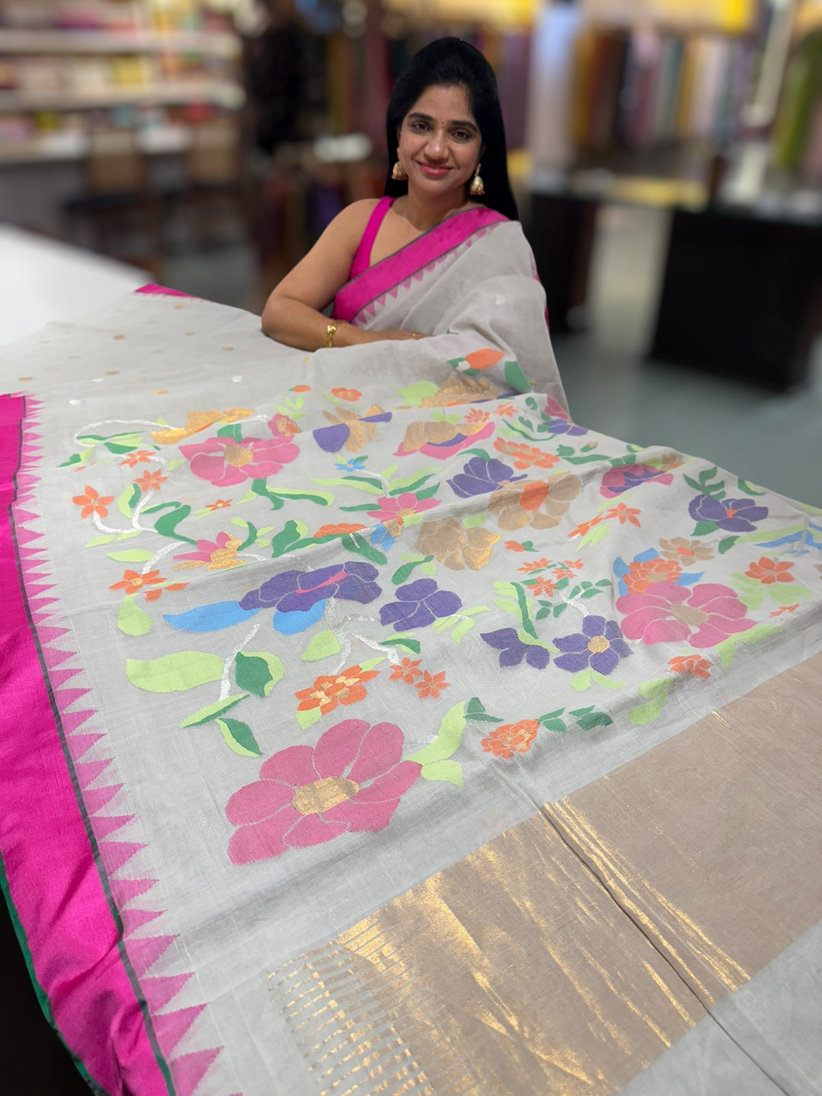 Lightest Grey pure handloom Ponduru Khadi jamdani Saree