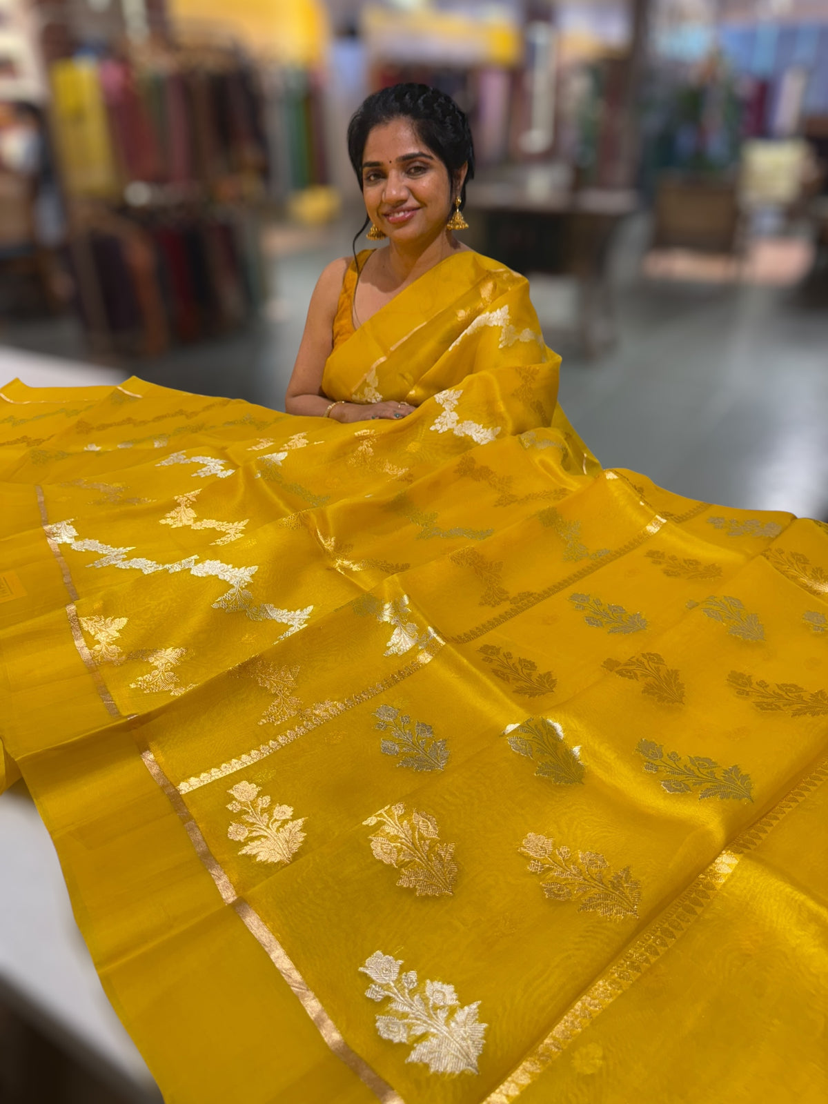 Yellow Kora Banarasi Saree in half &amp; half style