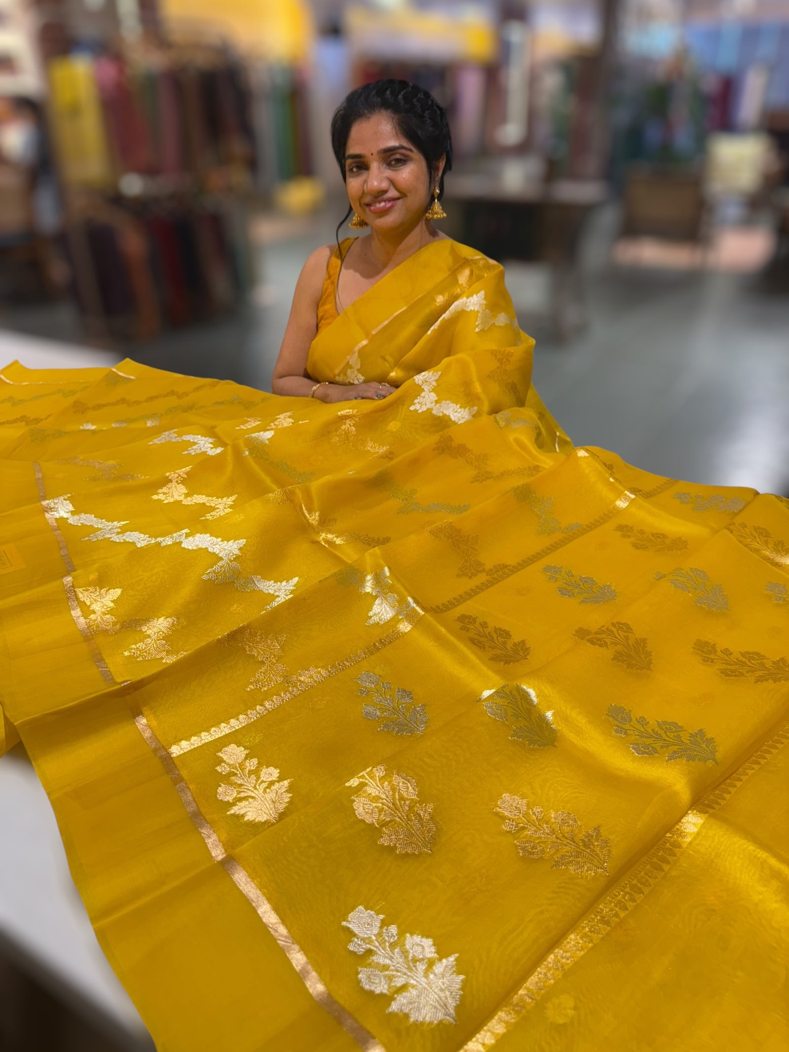 Yellow Kora Banarasi Saree in half & half style
