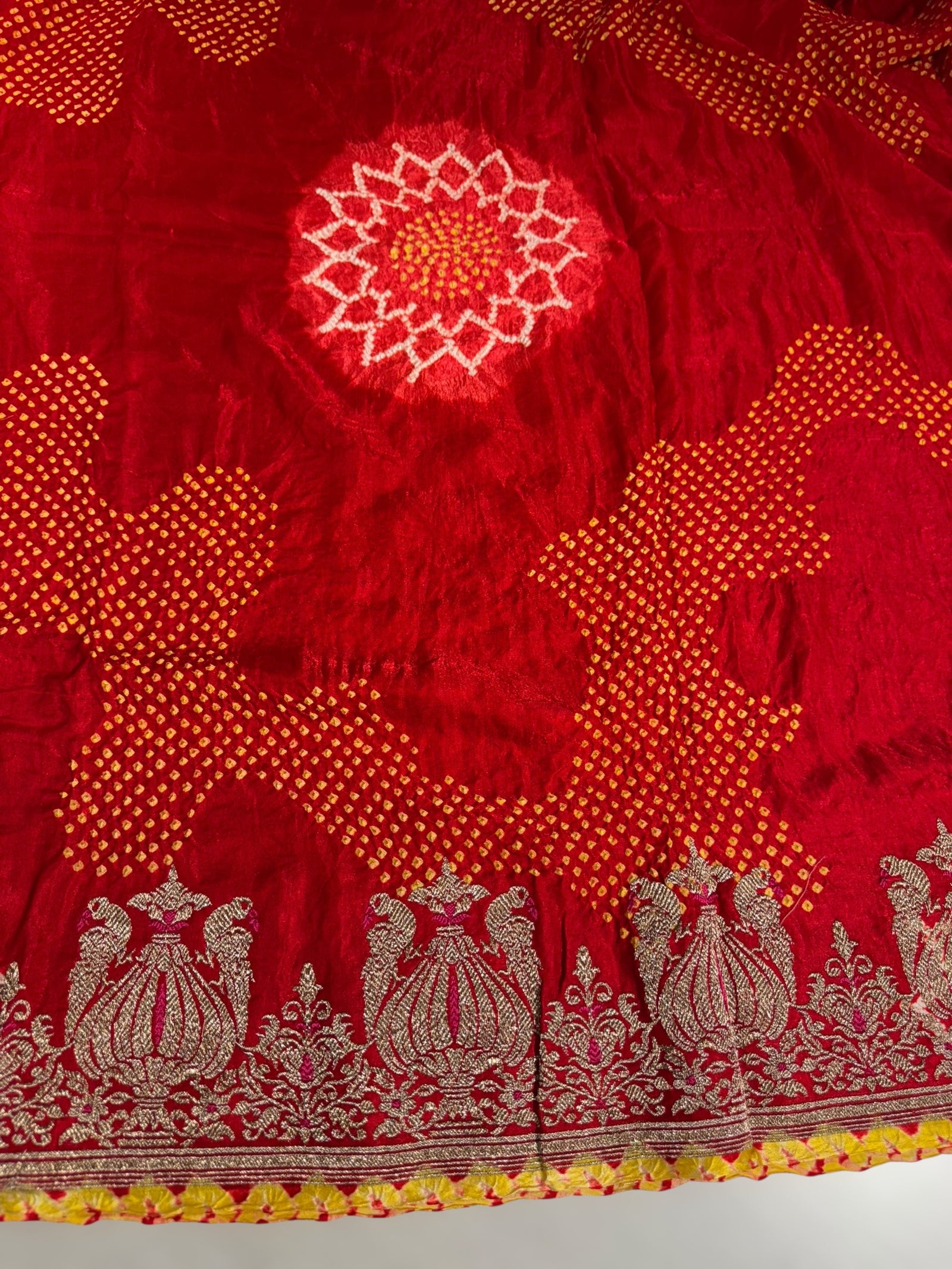 Orangish Red Designer Rai Bandhej Saree With Embroidered Border