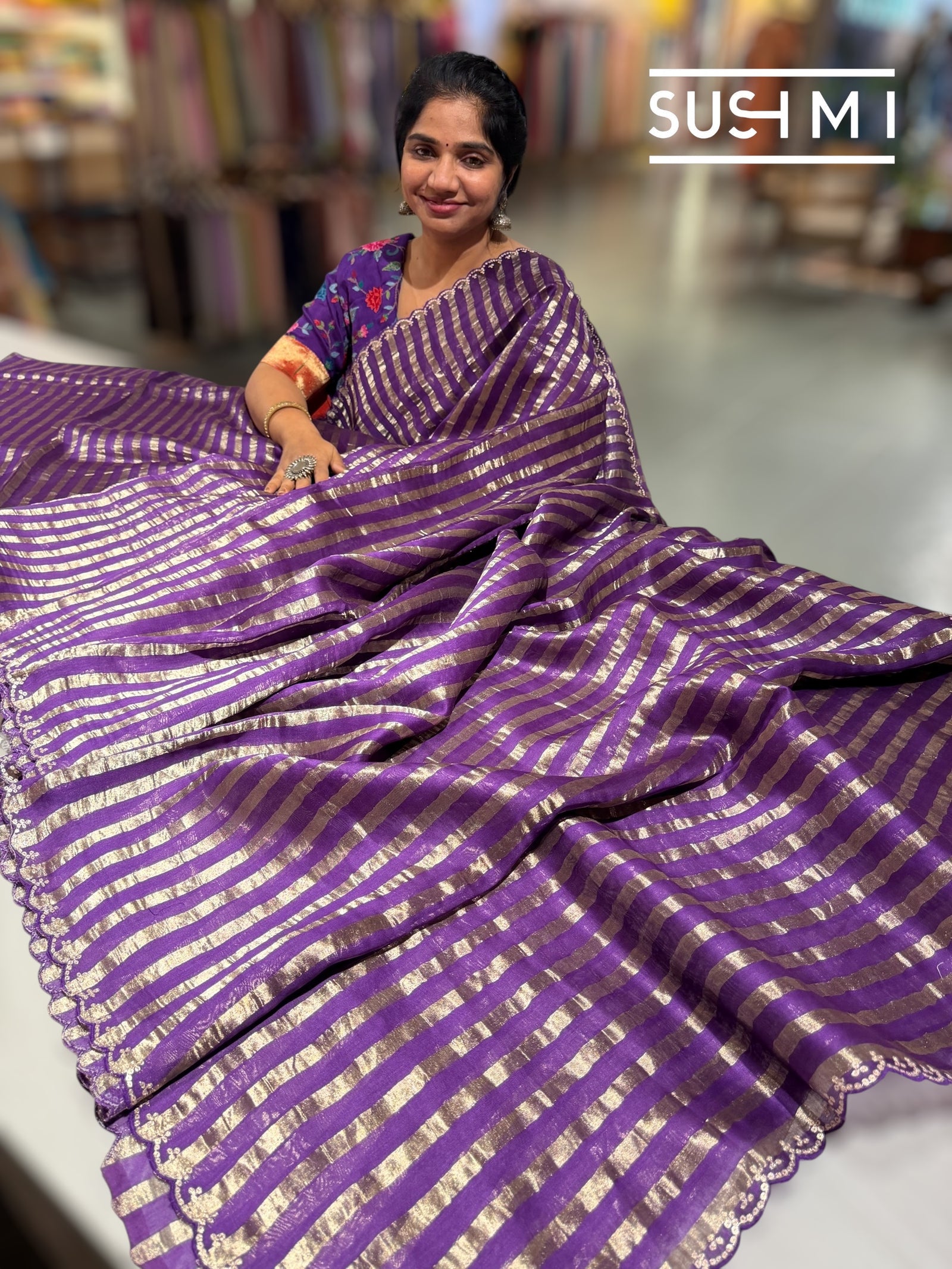 Purple Mul tissue stripes saree with fusion blouse : D62136