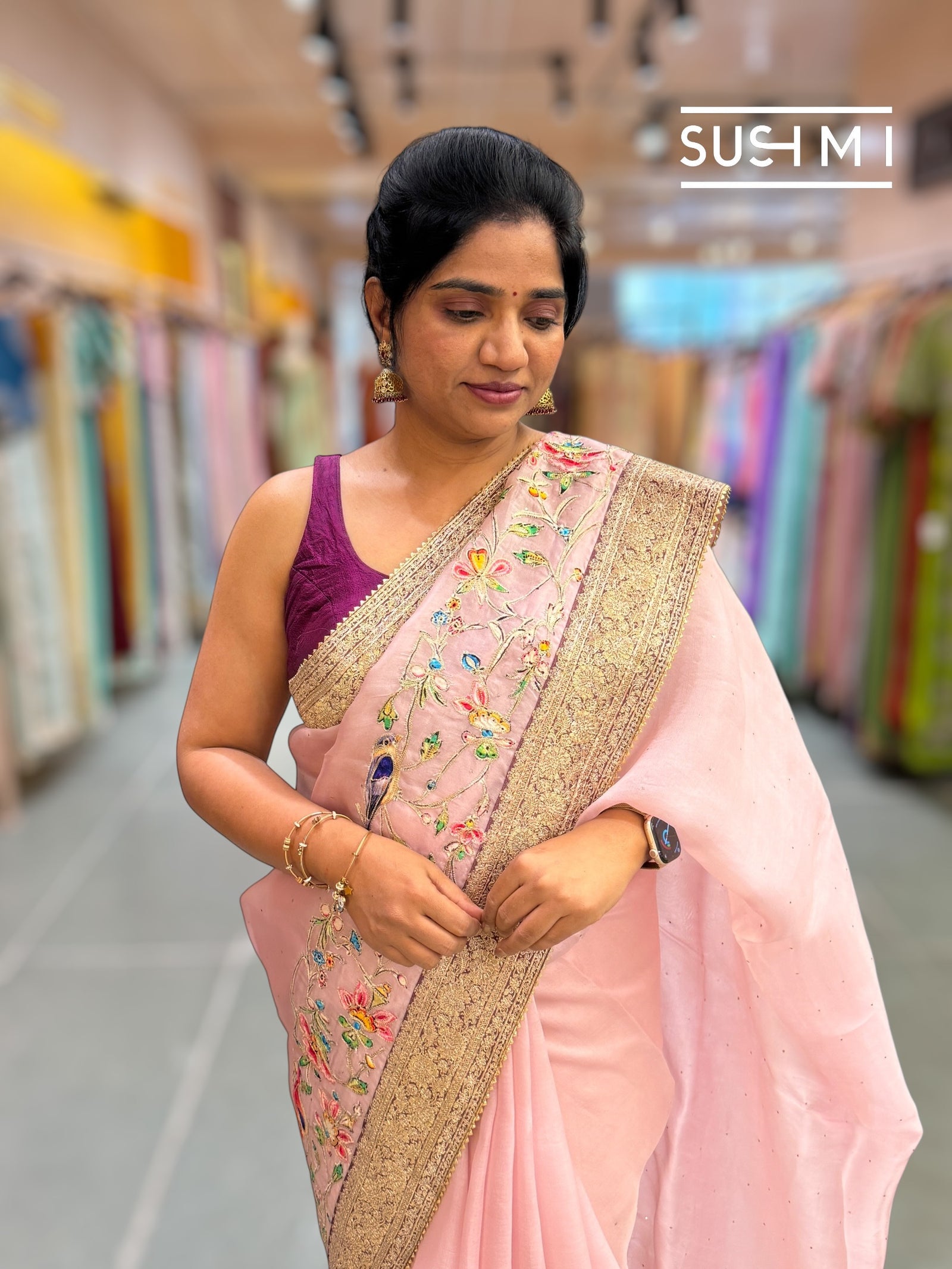 Dusty Pink Organza Banarasi Fusion Saree with Bird Appliqué : SM019