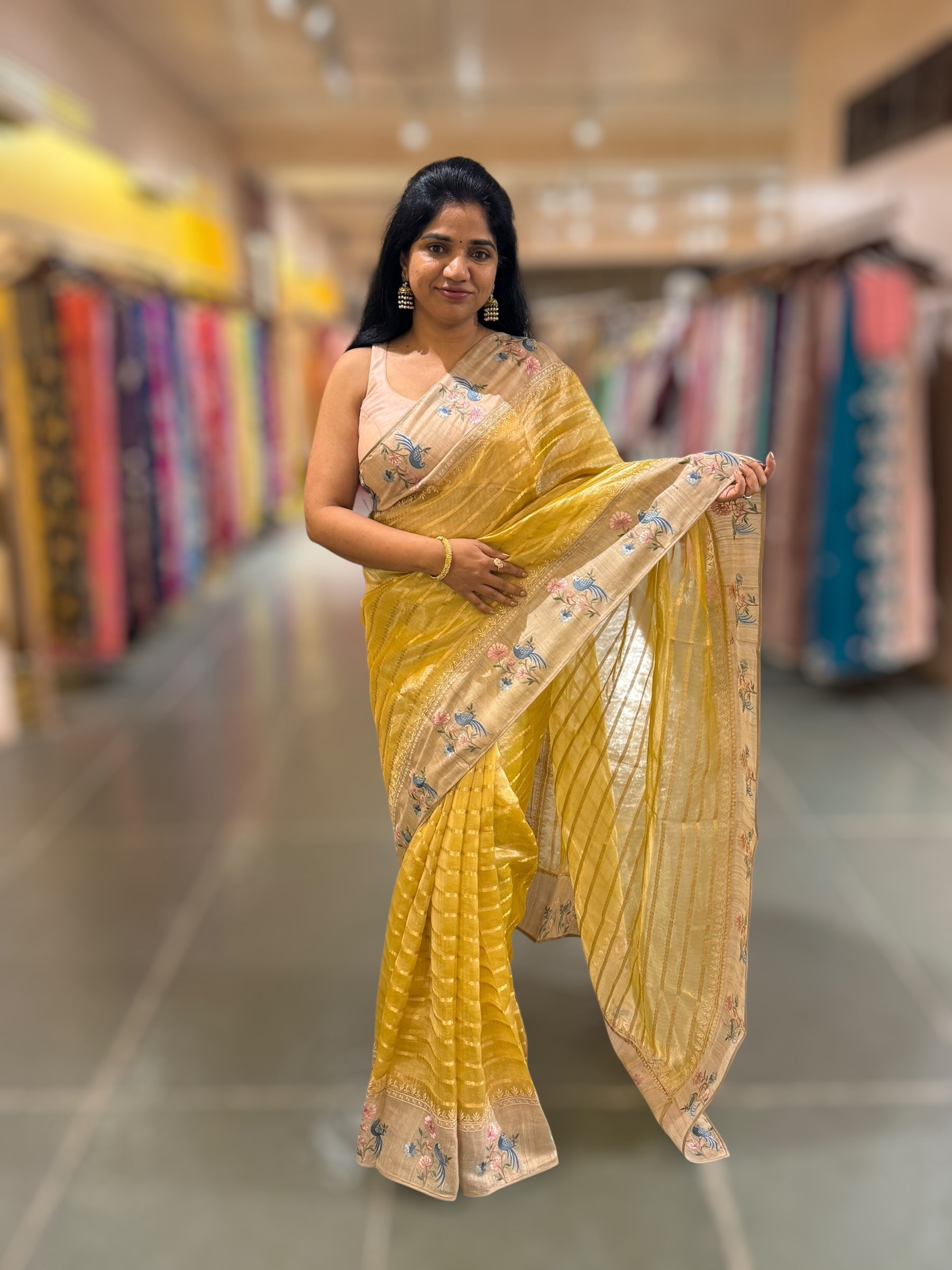 Yellow Pure Handloom Tissue Saree with pure Tussar embroidered border