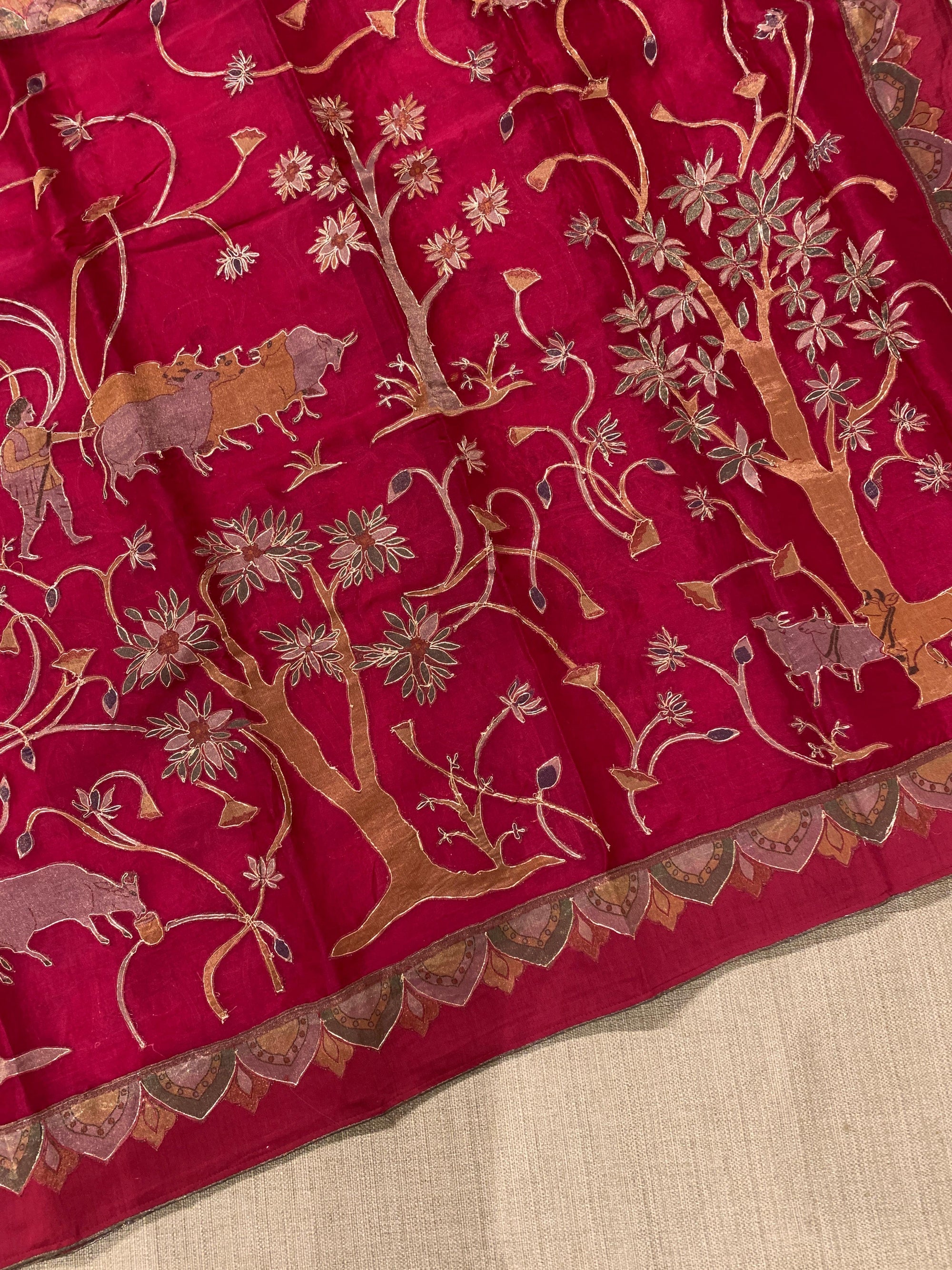 Ruby Pink Designer Organza Saree with Stunning Tissue Applique work Saree with Village theme