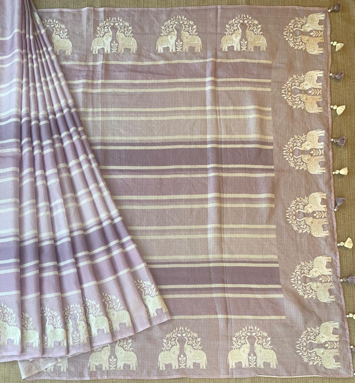 Lilac Designer Silk kota saree with elephant embroidered border