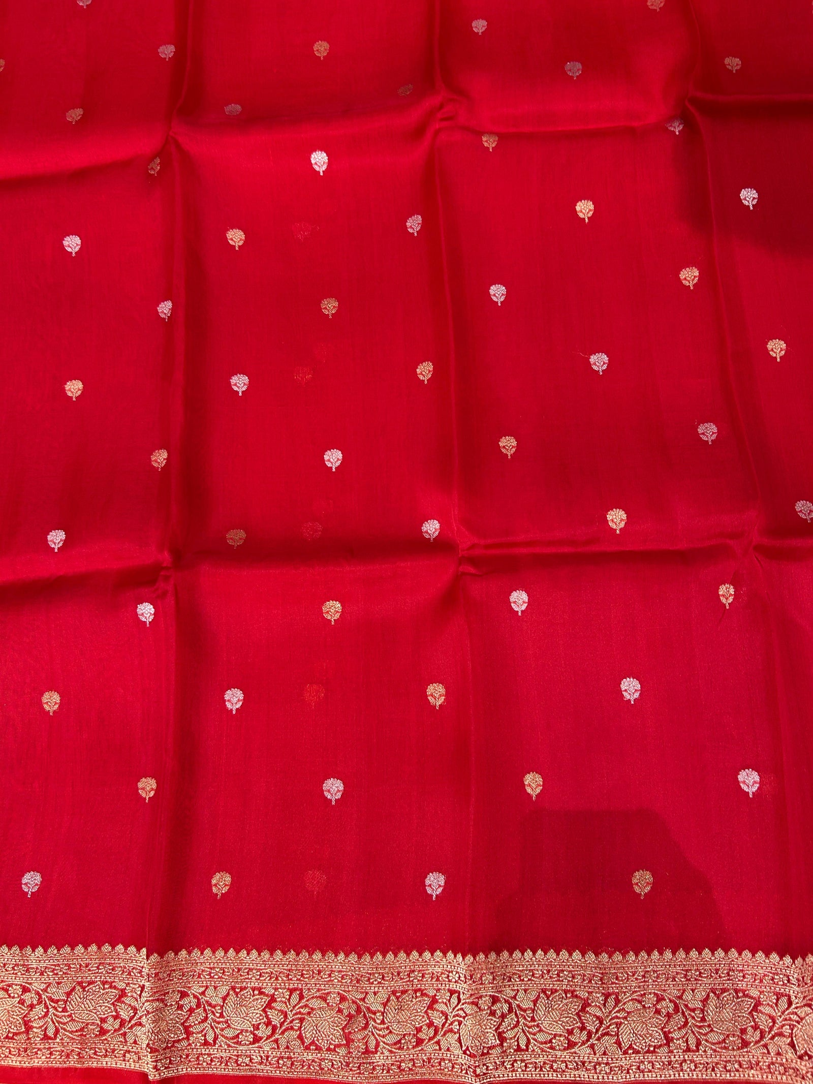 Red monotone look Pure Handloom premium Kora Banarasi Saree with heavy weaving border