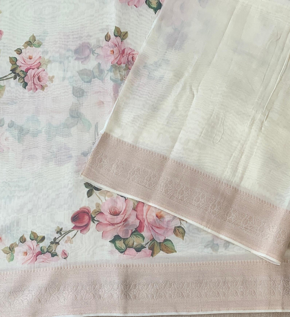 Ivory Pure Handloom Chiniya Silk Saree with stunning Floral Print and zari borders